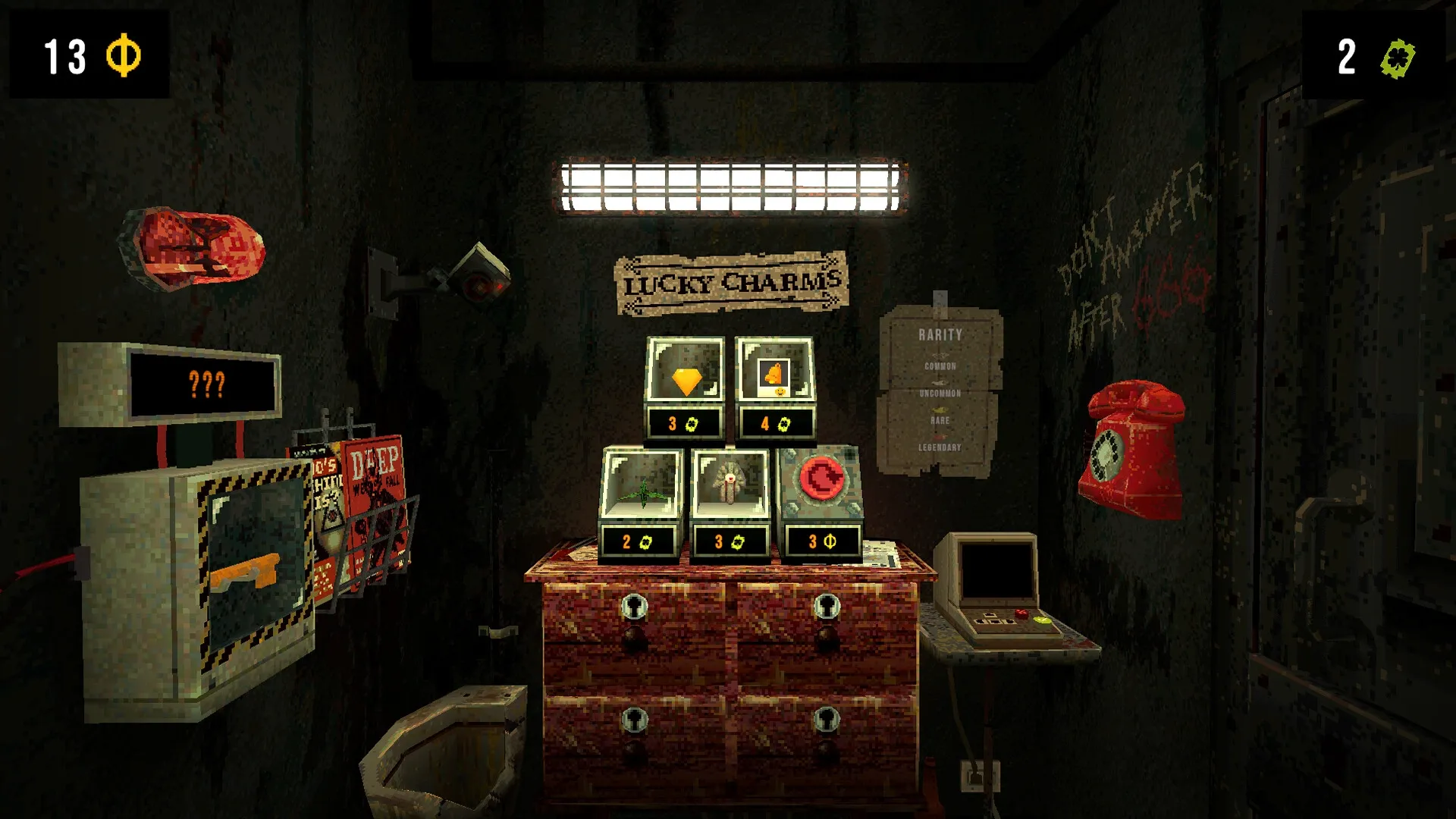 CloverPit: Dark room with Lucky Charms shelf, items priced in currency, and a red phone on the wall.