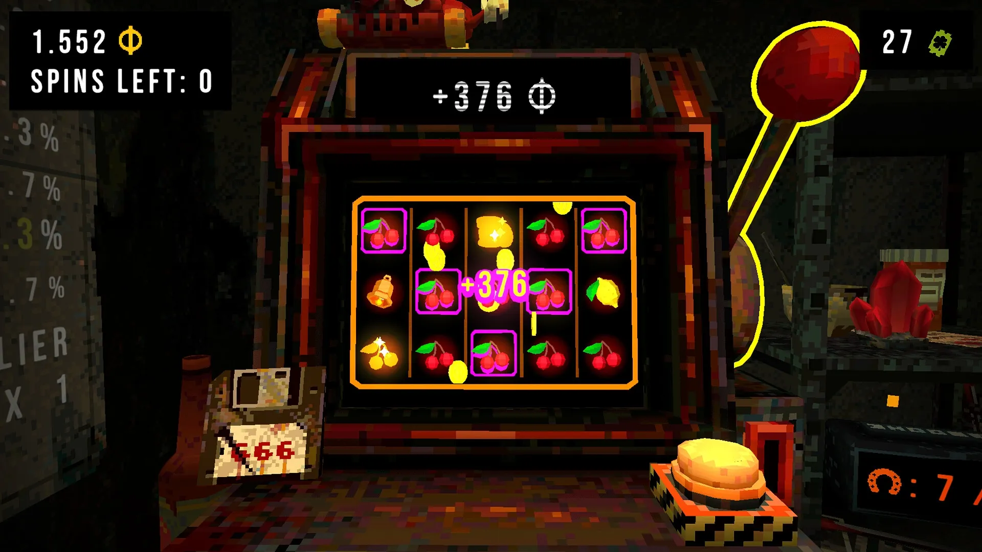 CloverPit: Slot machine with cherries and lemons, zero spins left, and a glowing score of +376 in dark room