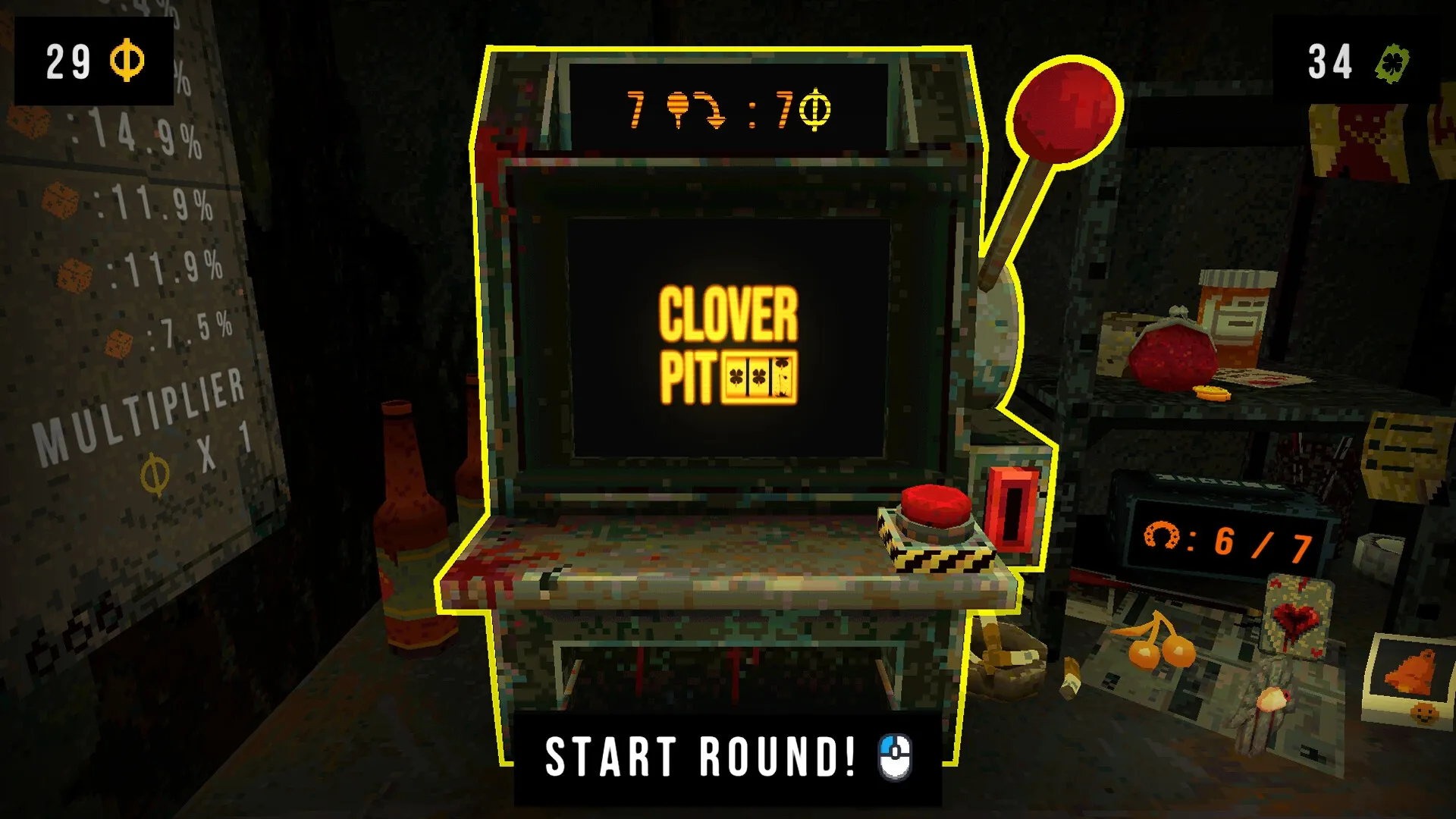 CloverPit: Slot machine interface with start button, multiplier chart, and various items on shelves