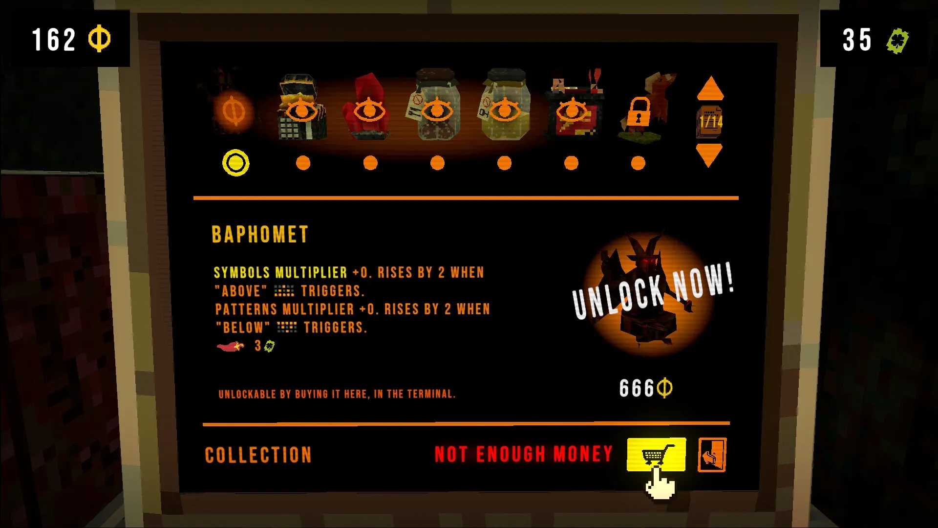 CloverPit: Baphomet character unlock screen with symbol multipliers and insufficient funds message