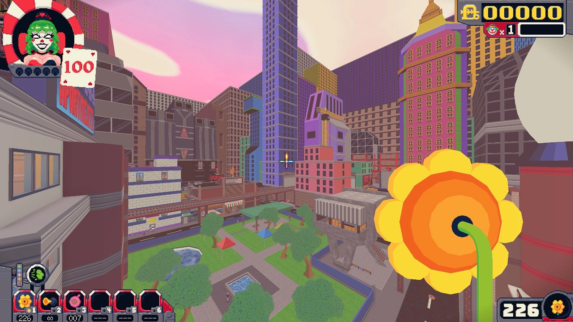 Clown Around: Aiming a giant flower gun over a colorful city park, with HUD hearts and ammo bar.