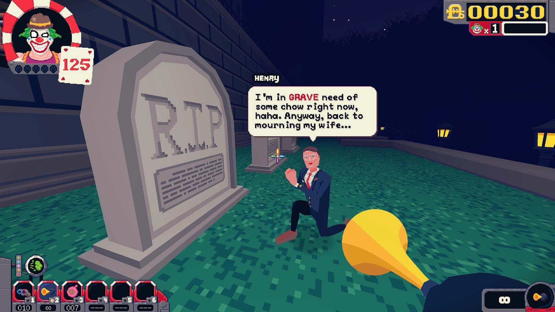 Clown Around: Talking to Henry by a grave in a night cemetery, HUD shows 125 health and 00030 score.