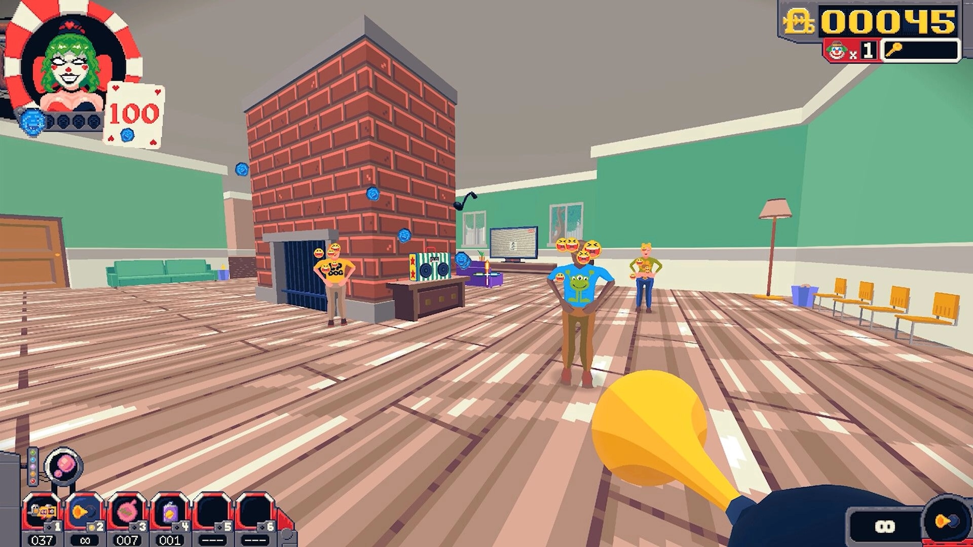 Clown Around: First-person horn aimed at laughing NPCs in a lounge with brick fireplace and UI score HUD.