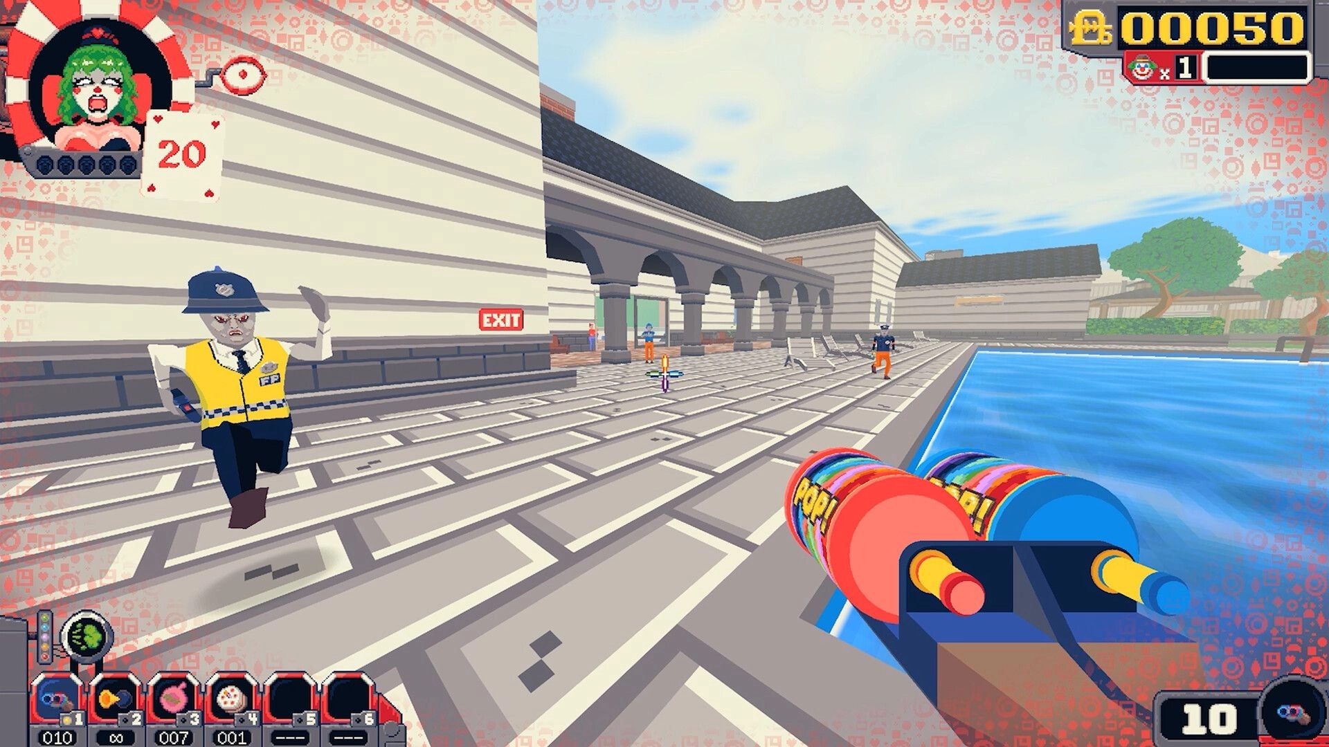 Clown Around: First-person clown aims dual pop blasters at guards on a poolside courtyard level.