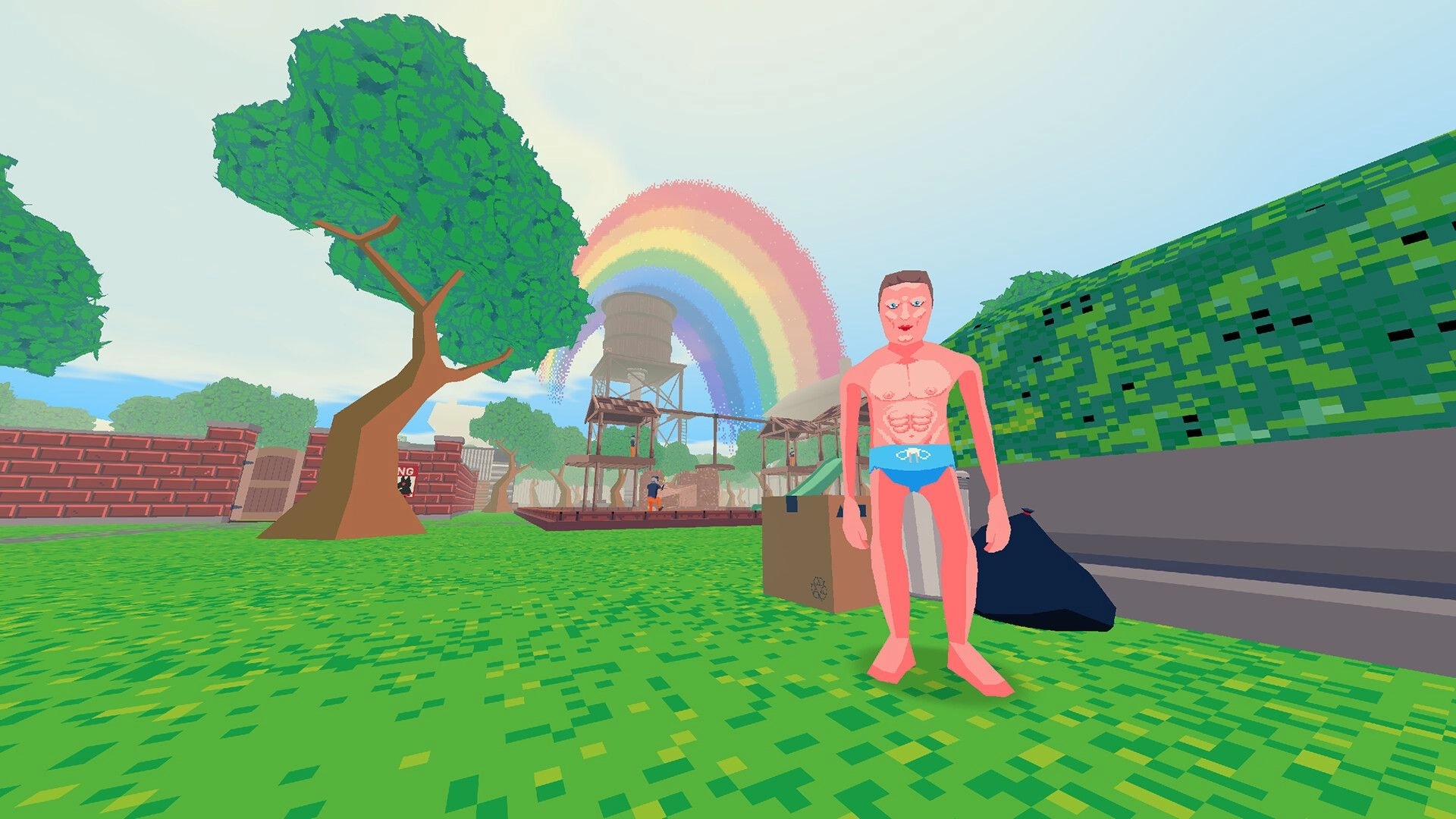 Clown Around: Shirtless NPC in blue briefs stands by a hedge, rainbow over playground towers.