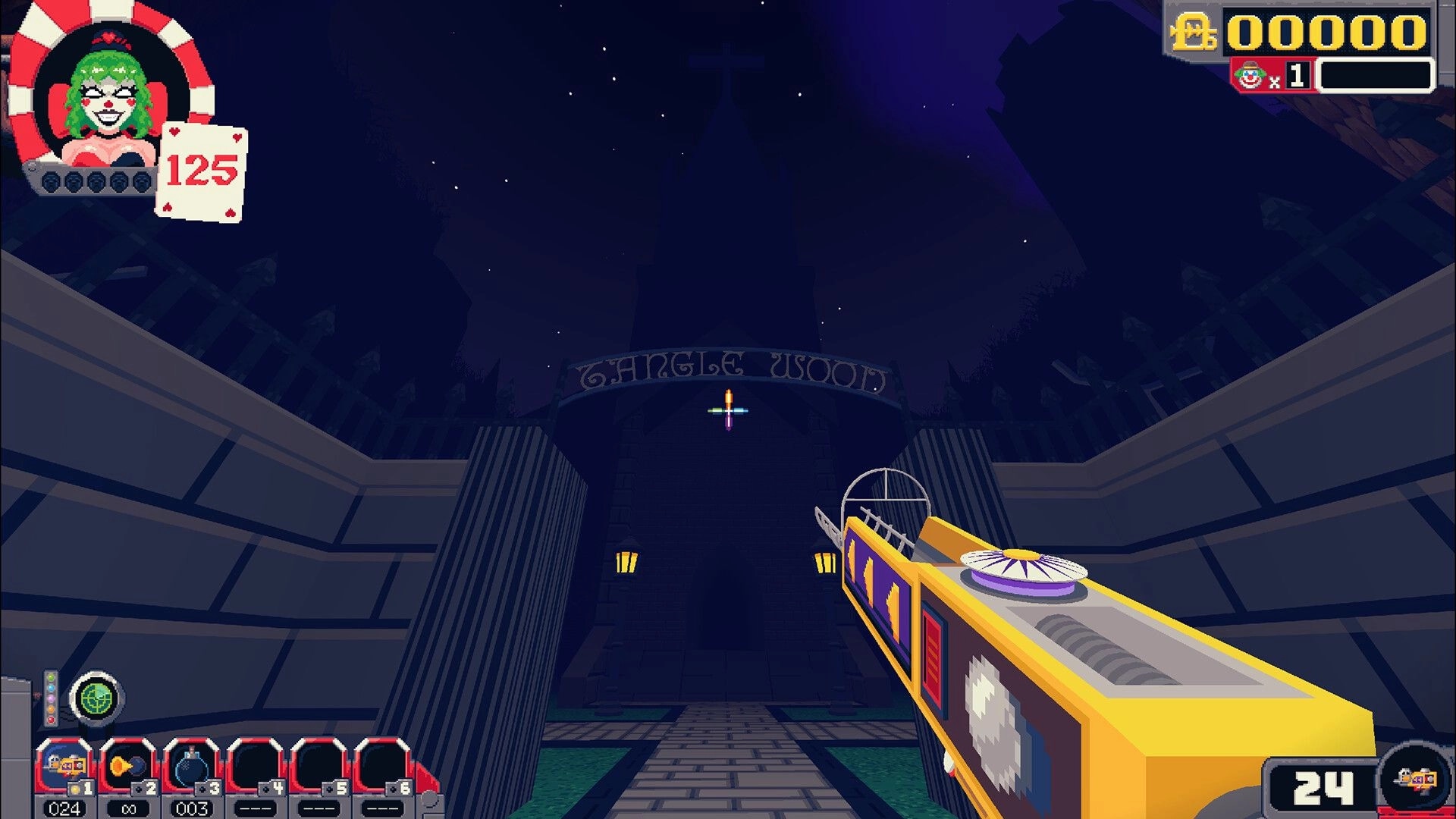 Clown Around: First-person aiming at Tanglewood gate at night, clown HUD and toy blaster visible.
