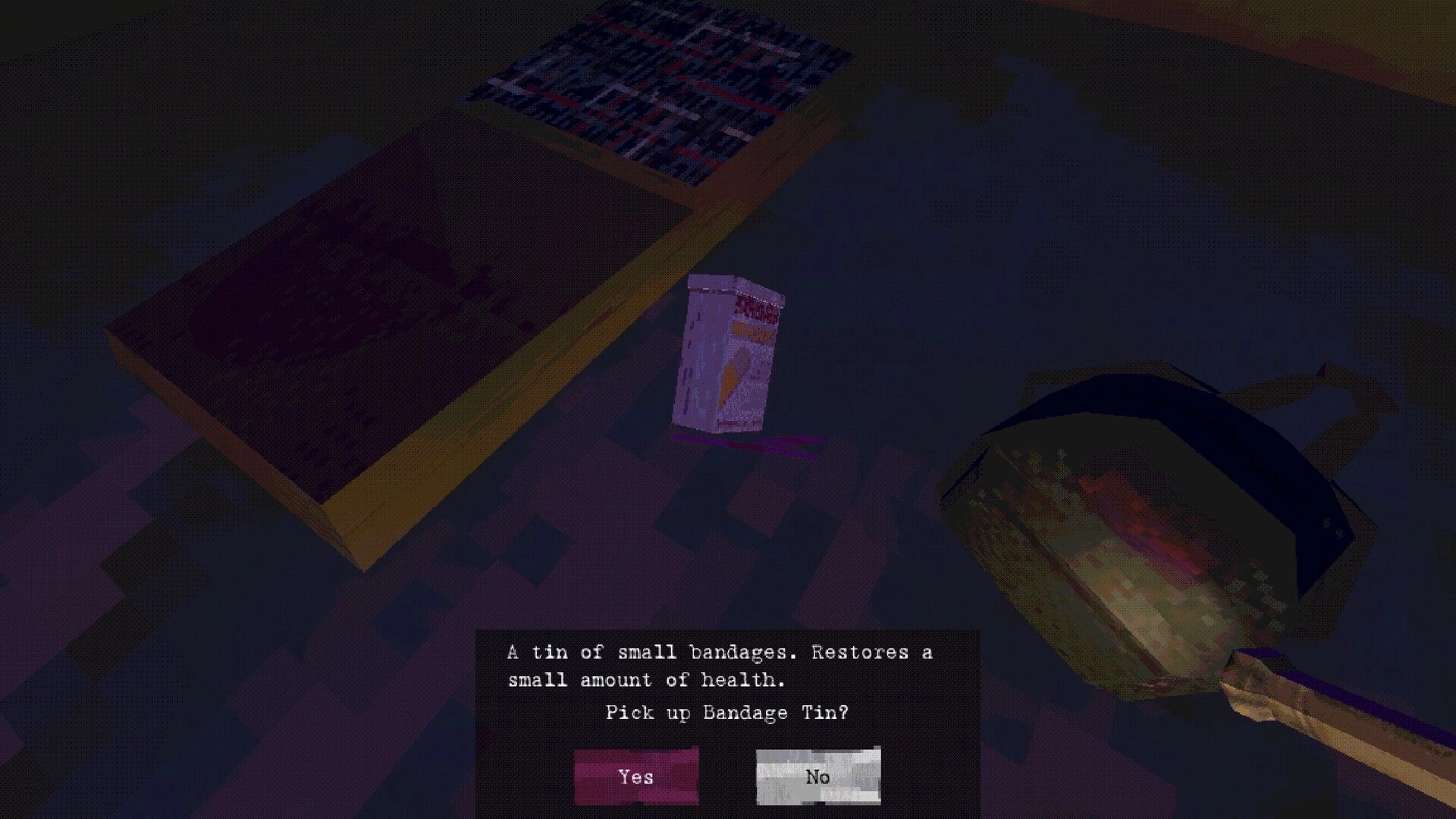 Clown Camp: Inventory prompt for bandage tin selection in dimly lit room with bed and suitcase.