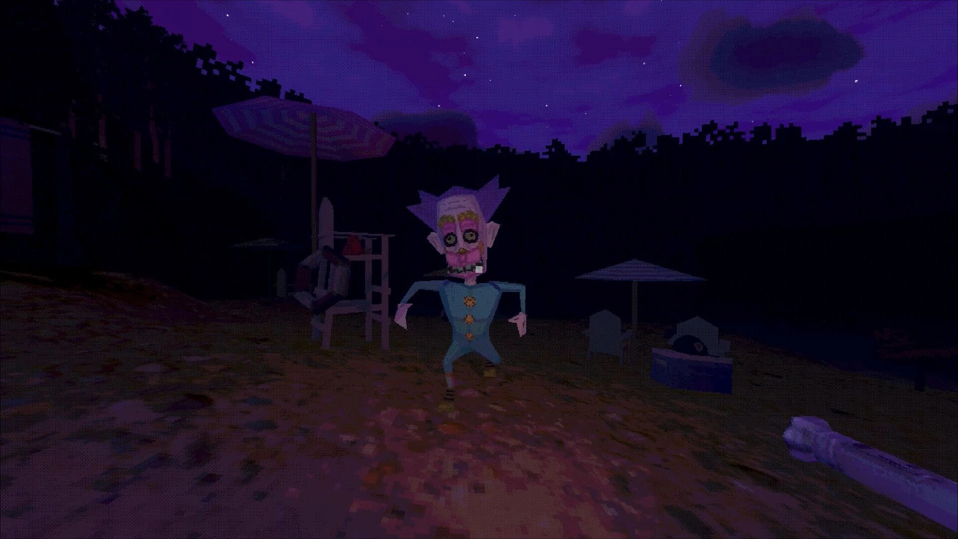 Clown Camp: Hostile clown approaches under a purple night sky in a forest clearing with umbrellas.