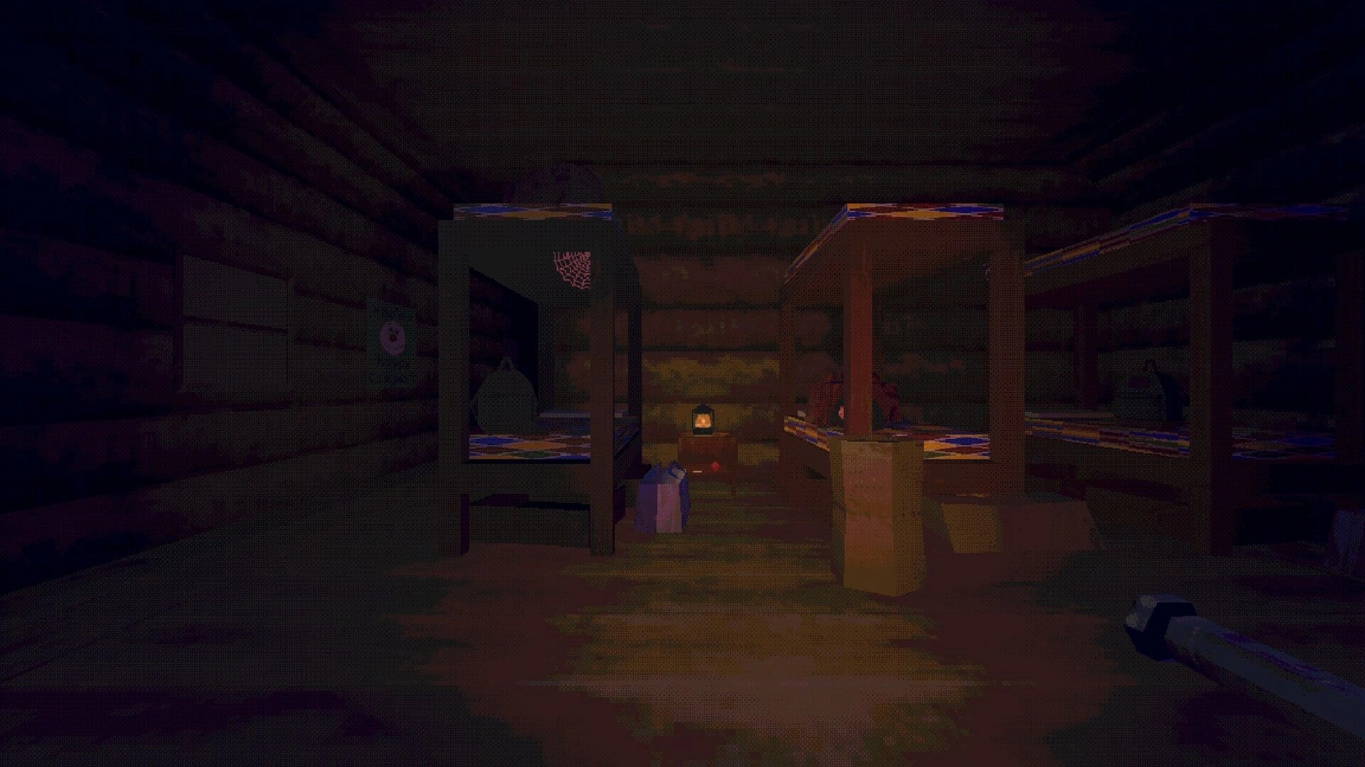 Clown Camp: Dimly lit cabin interior with bunk beds and a lantern in a tense horror atmosphere