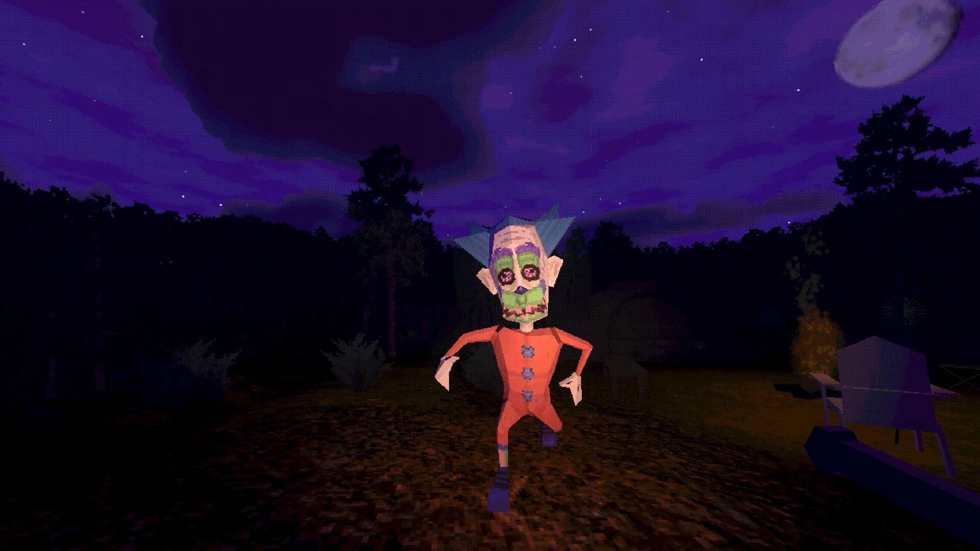 Clown Camp: Hostile clown approaches player in dark forest under starry night sky with full moon.