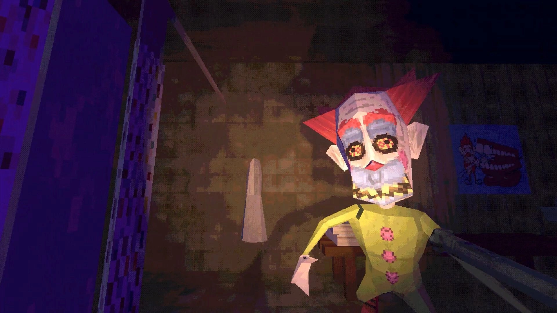 Clown Camp: Hostile clown encounter in dimly lit room with poster and purple walls