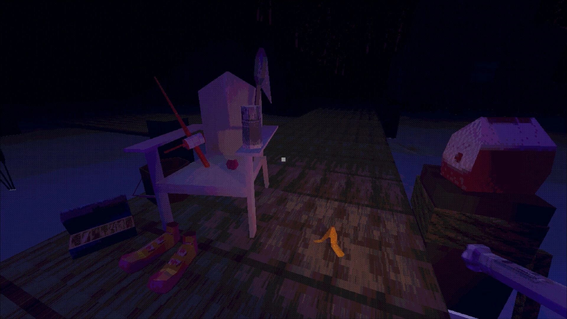 Clown Camp: Abandoned campsite with scattered items and a banana peel under eerie moonlight in the woods