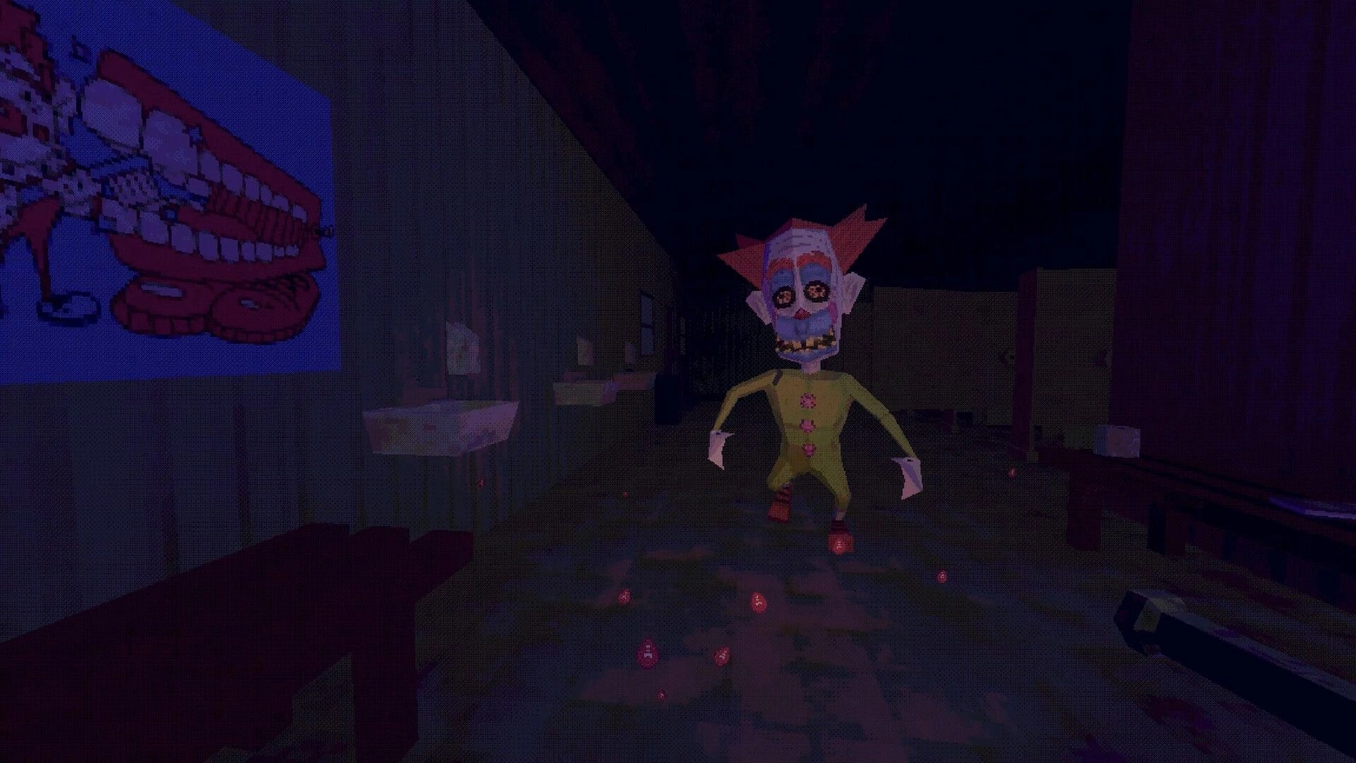 Clown Camp: A hostile clown approaches in a dimly lit cabin, unsettling poster visible on the wall