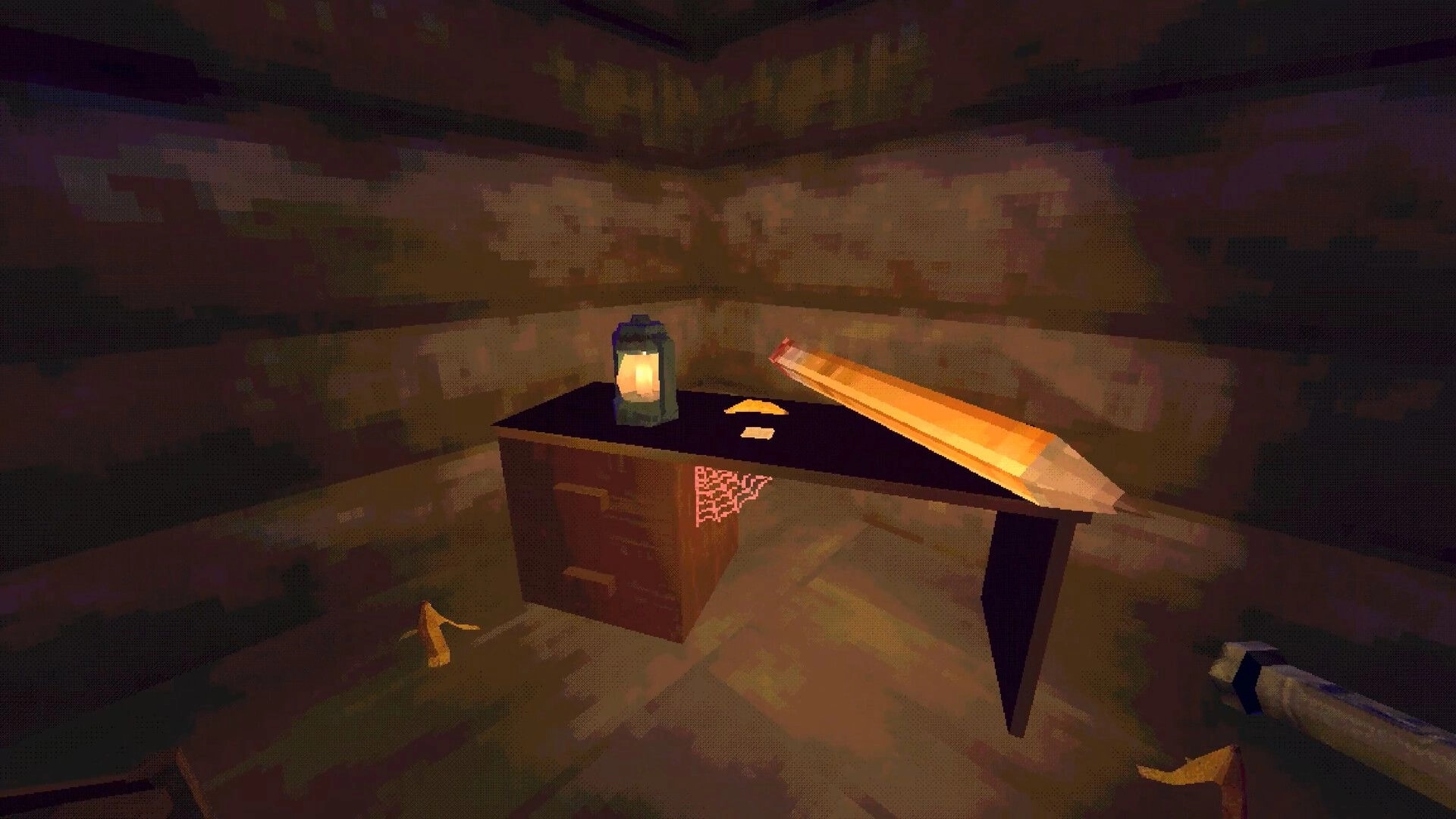 Clown Camp: Dimly lit cabin corner with desk, lantern, giant pencil, and cobweb in eerie atmosphere