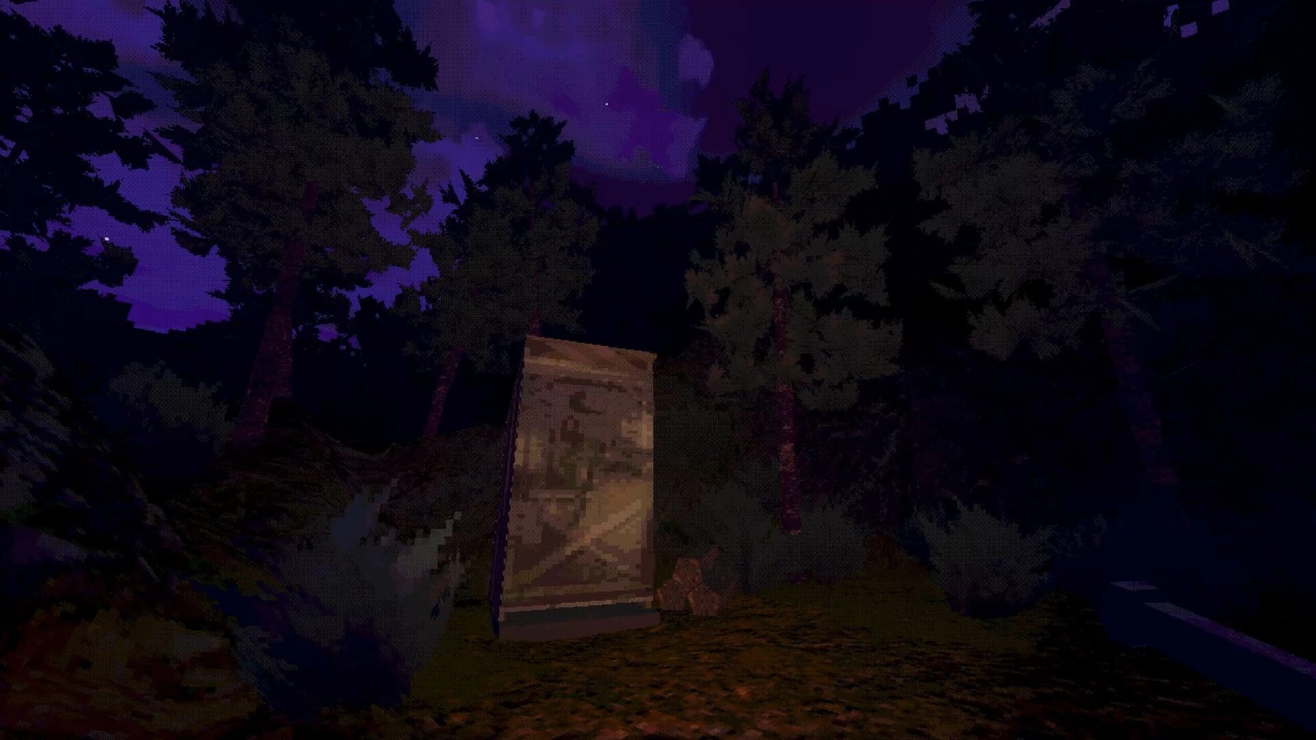 Clown Camp: Abandoned wooden cabin surrounded by dense, shadowy trees under a purple night sky
