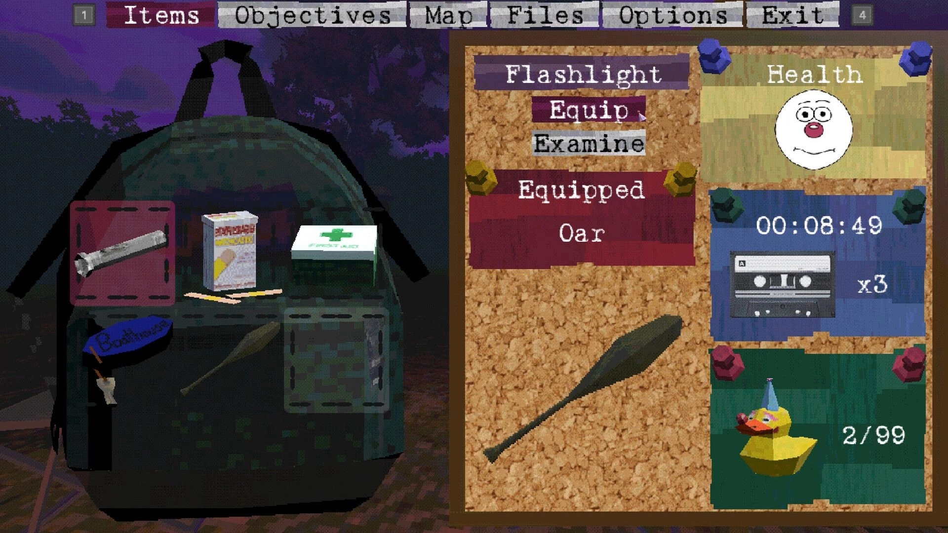 Clown Camp: Inventory screen displaying items and health status in a dark forest setting.