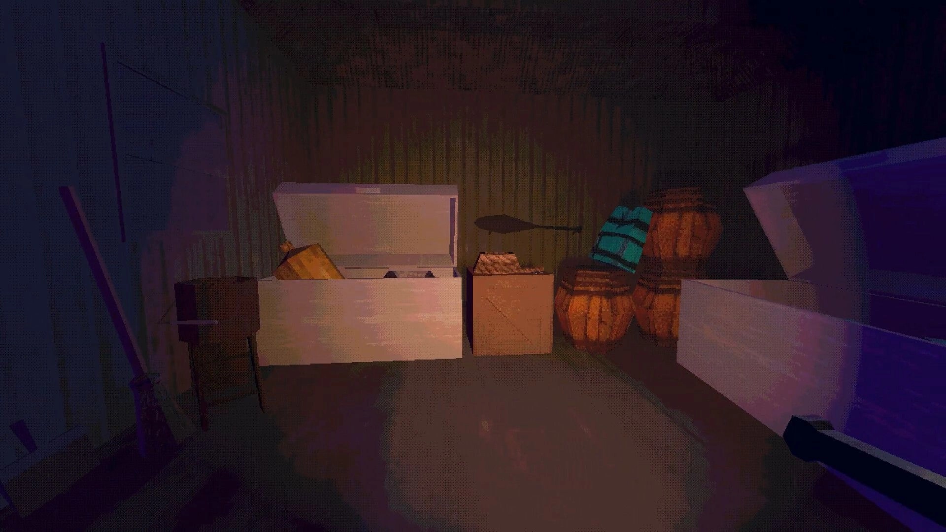 Clown Camp: Exploring a dimly lit cabin stocked with crates and supplies in a tense survival scenario