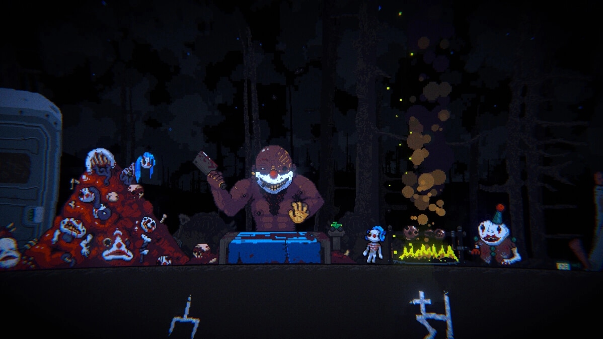 Clown Meat: Giant clown with cleaver in forest, surrounded by clowns and fire, eerie atmosphere.