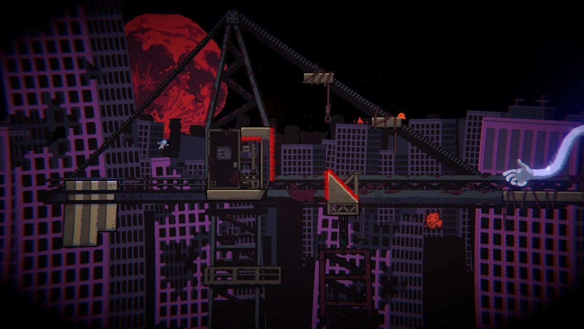 Clown Meat: Character jumps across cranes in a dark, dystopian cityscape with a red planet in view