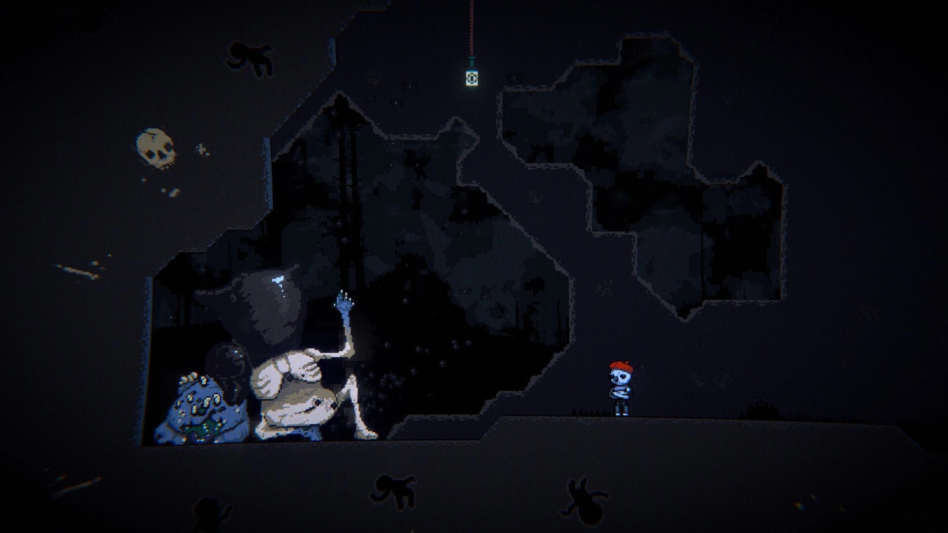 Clown Meat: Character faces large creature in dark cave environment with eerie shadows and a hanging light.