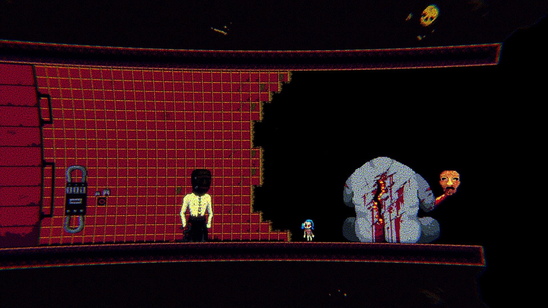 Clown Meat: Character faces giant bloodied clown statue in dark, tiled corridor with control panel