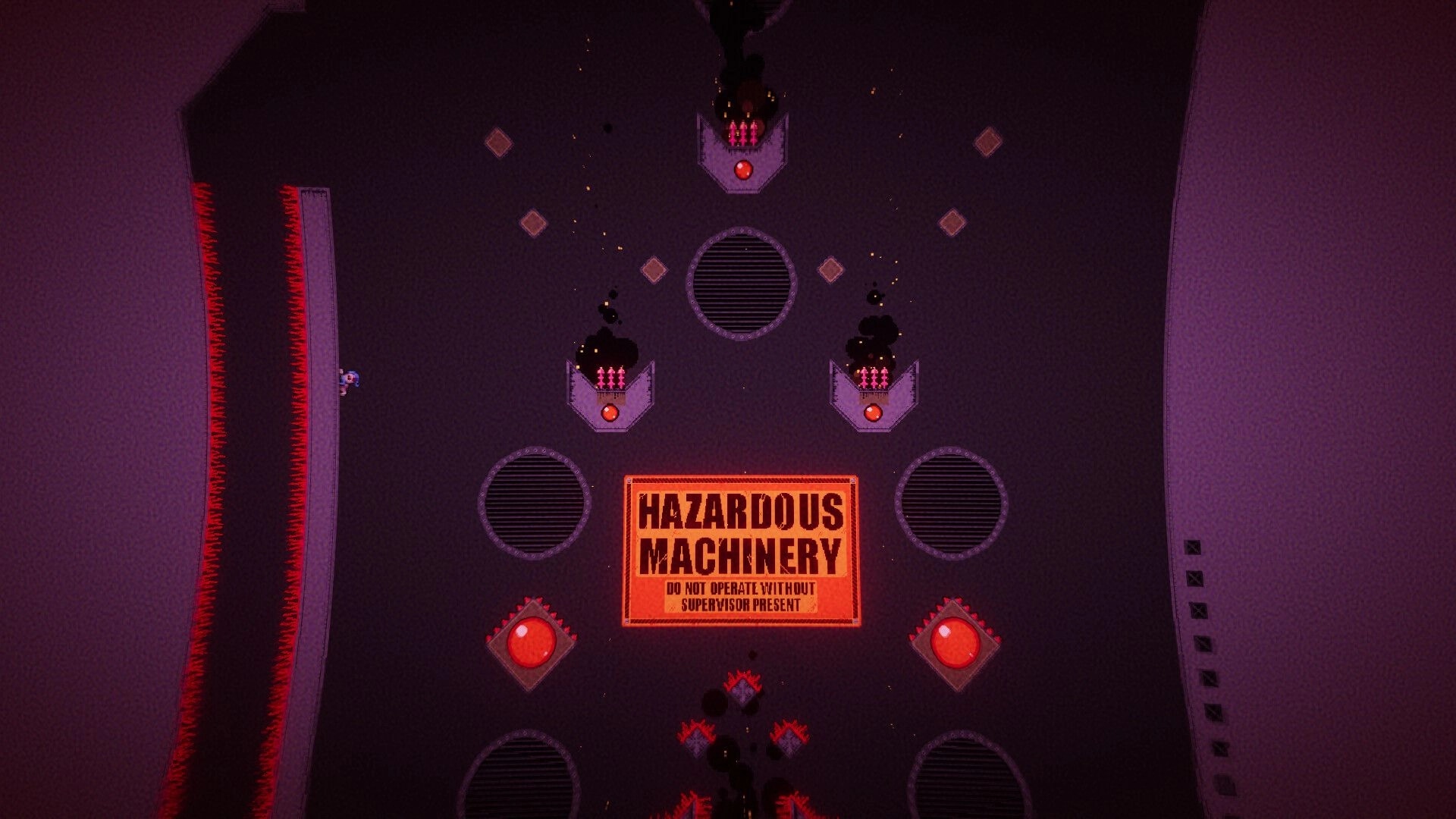 Clown Meat: Player climbs wall beside hazardous machinery signs in dark industrial environment