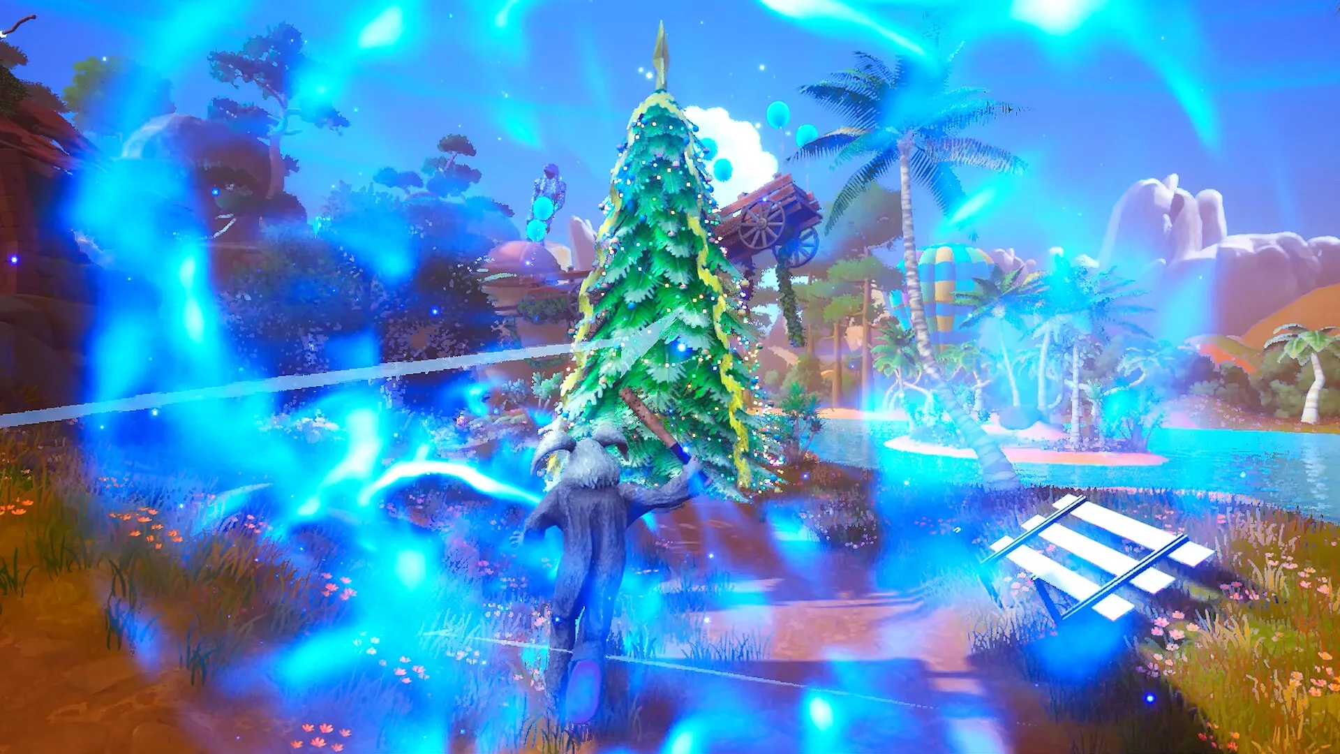 CLOWNOUT: Clown character casting blue energy spell near decorated tree in tropical island setting