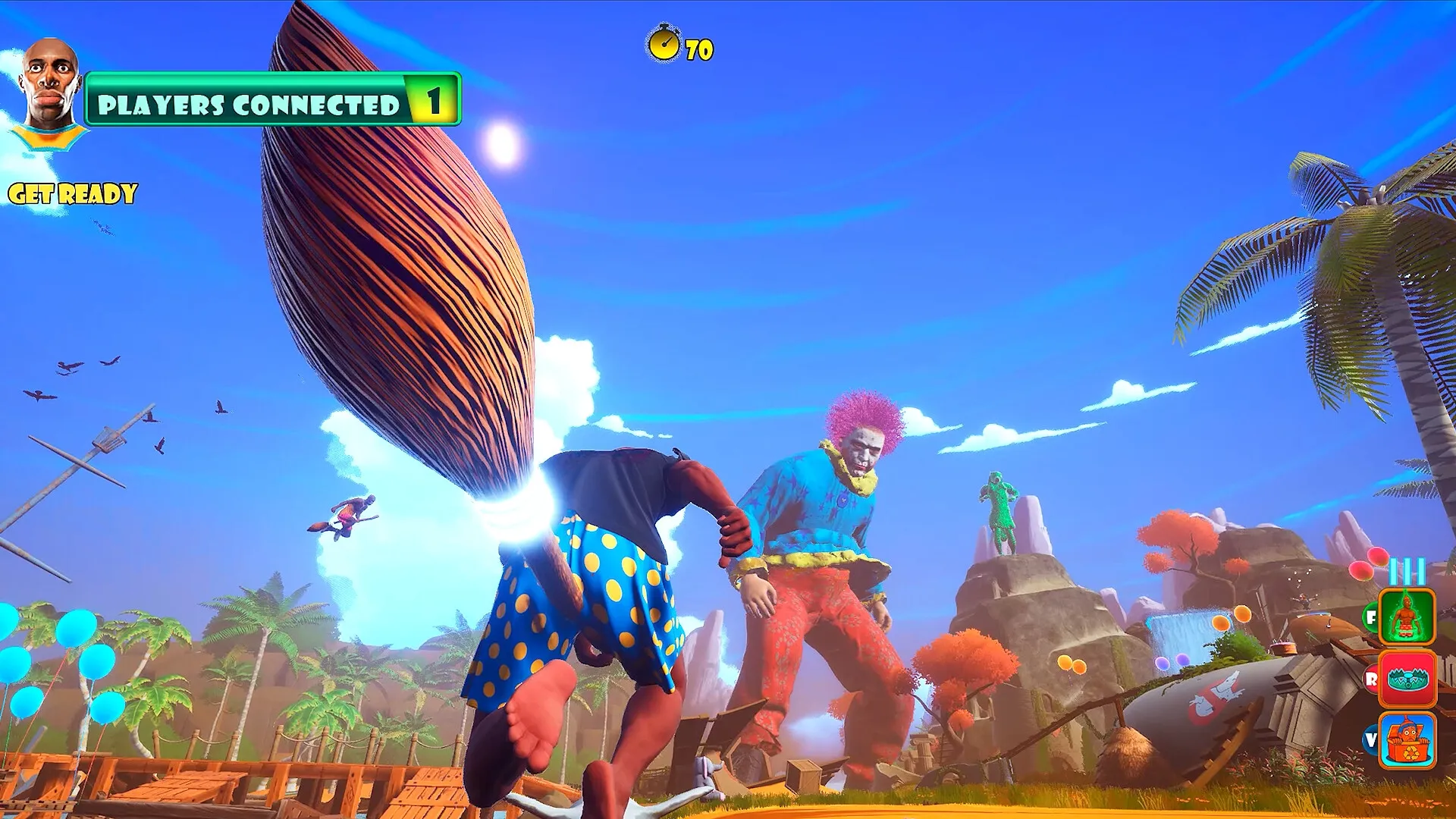 CLOWNOUT: Player on broomstick confronts giant clown in tropical arena with UI showing connected players.