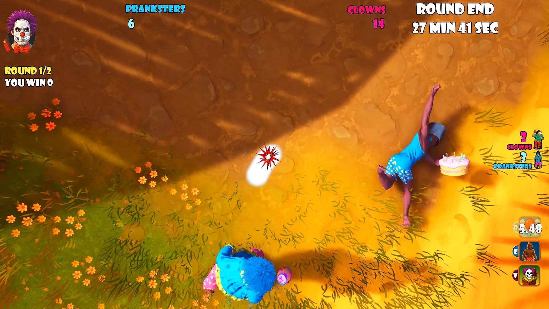 CLOWNOUT: Clown in blue suit dodges explosion, holding cake on vibrant grassy field with score displayed