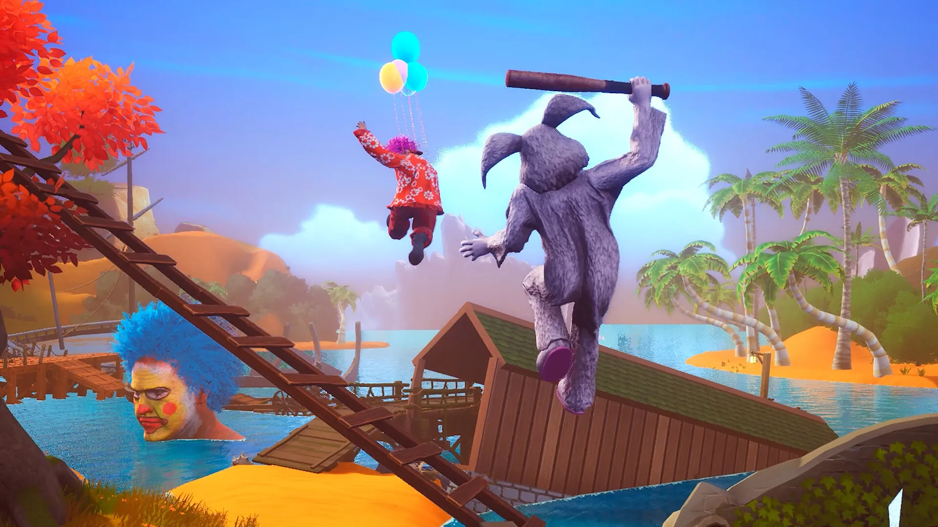 CLOWNOUT: Clown with balloons fleeing from a costume-clad pursuer on a tropical island with palm trees.