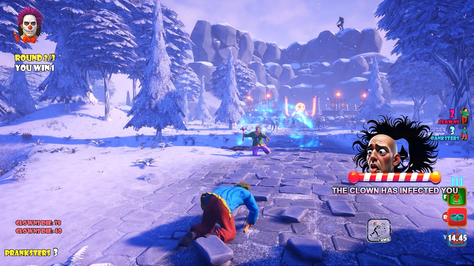 CLOWNOUT: Clown crawling in snowy forest as another clown attacks with hammer, infection warning displayed