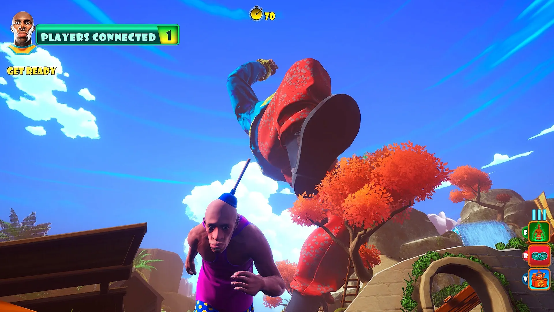 CLOWNOUT: Character with plunger on head running under giant clown foot in vibrant autumn landscape
