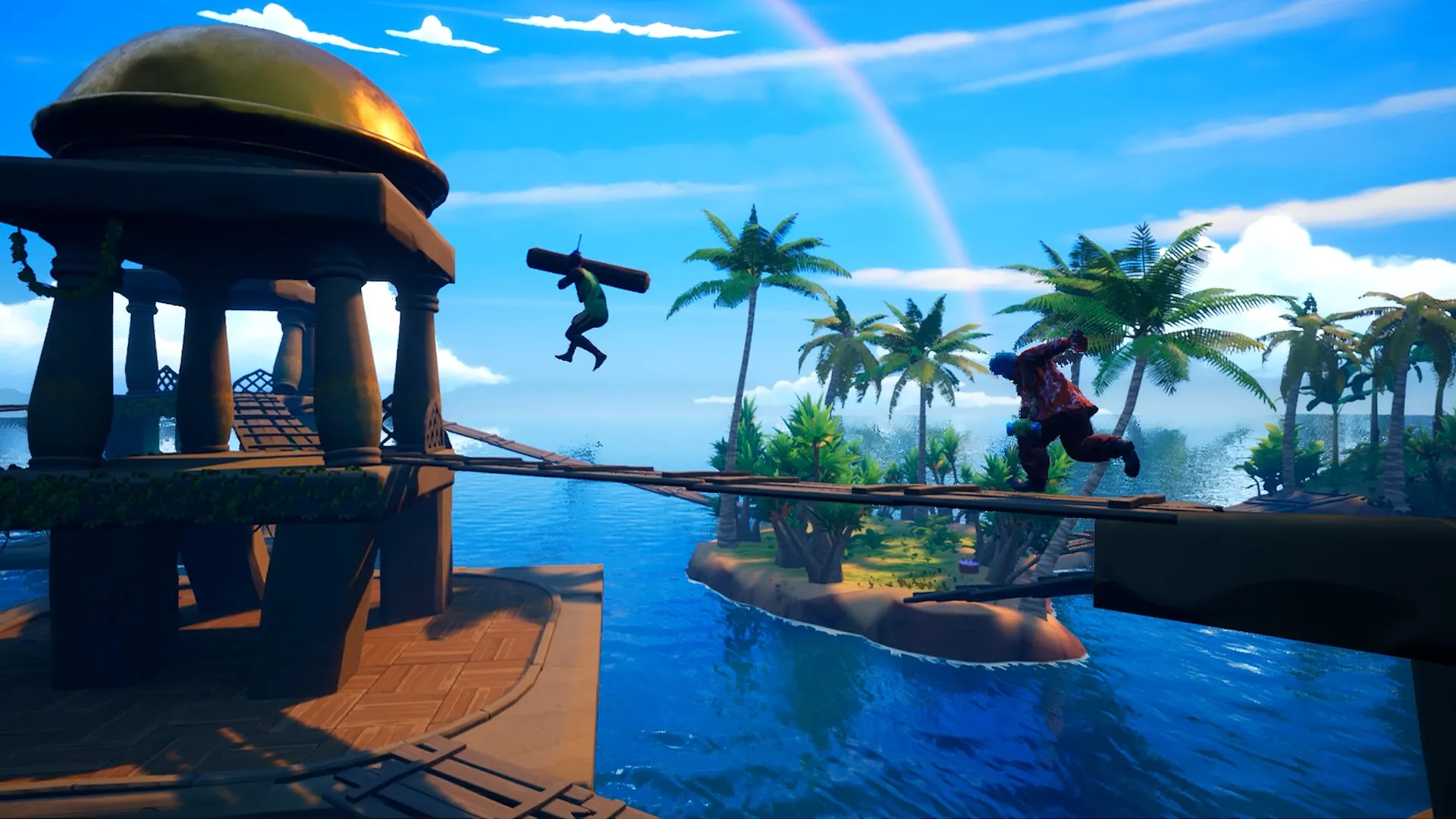 CLOWNOUT: Two characters sprint across narrow wooden planks above a tropical island with palm trees.