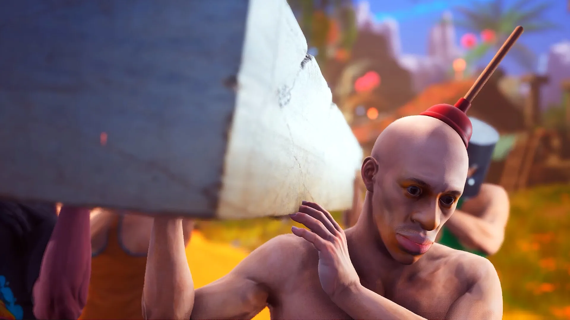 CLOWNOUT: Players with plungers on heads carry a large plank in a colorful, chaotic outdoor arena.
