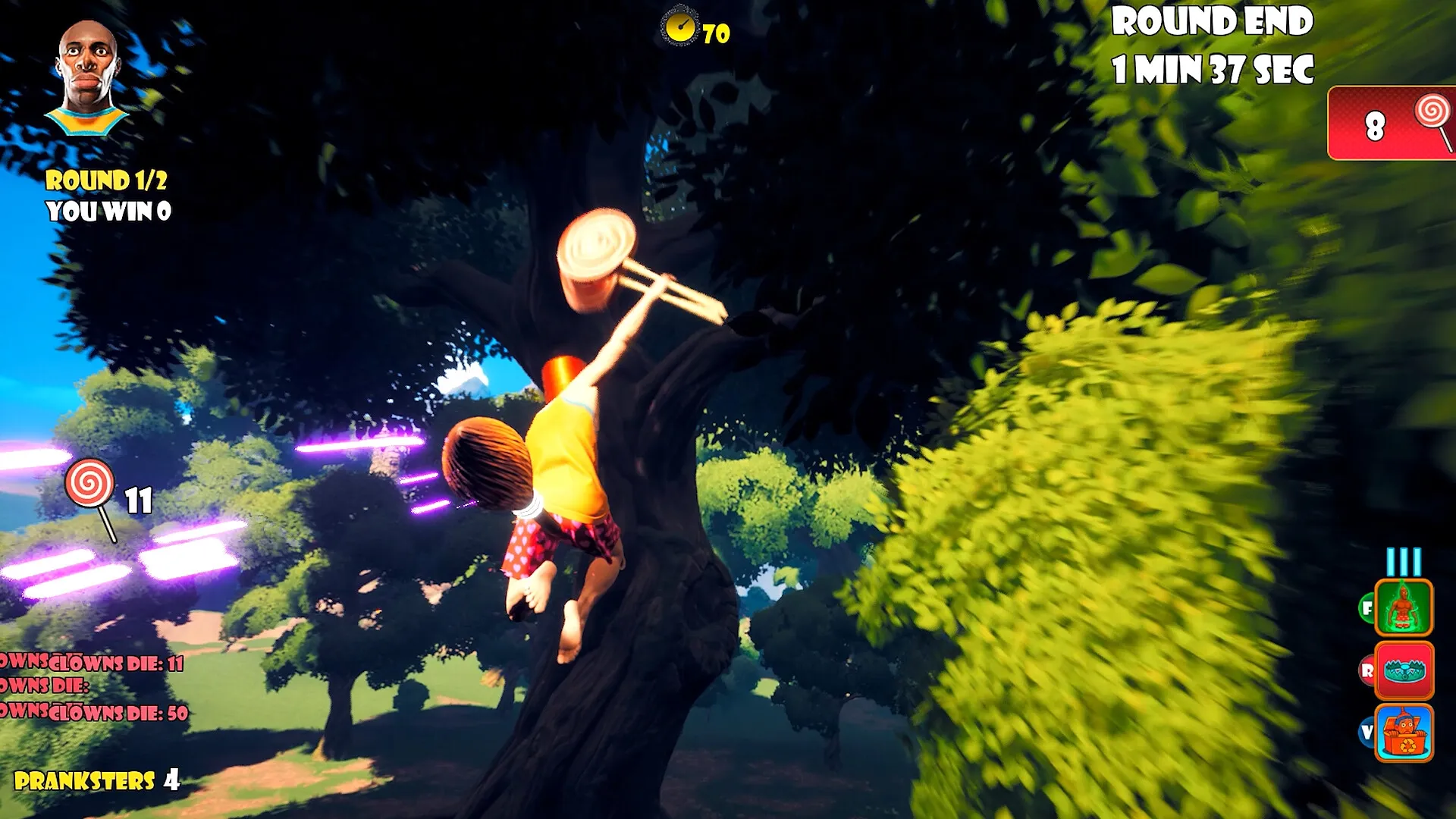 CLOWNOUT: Player swinging from tree while dodging projectiles in a vibrant forest arena.