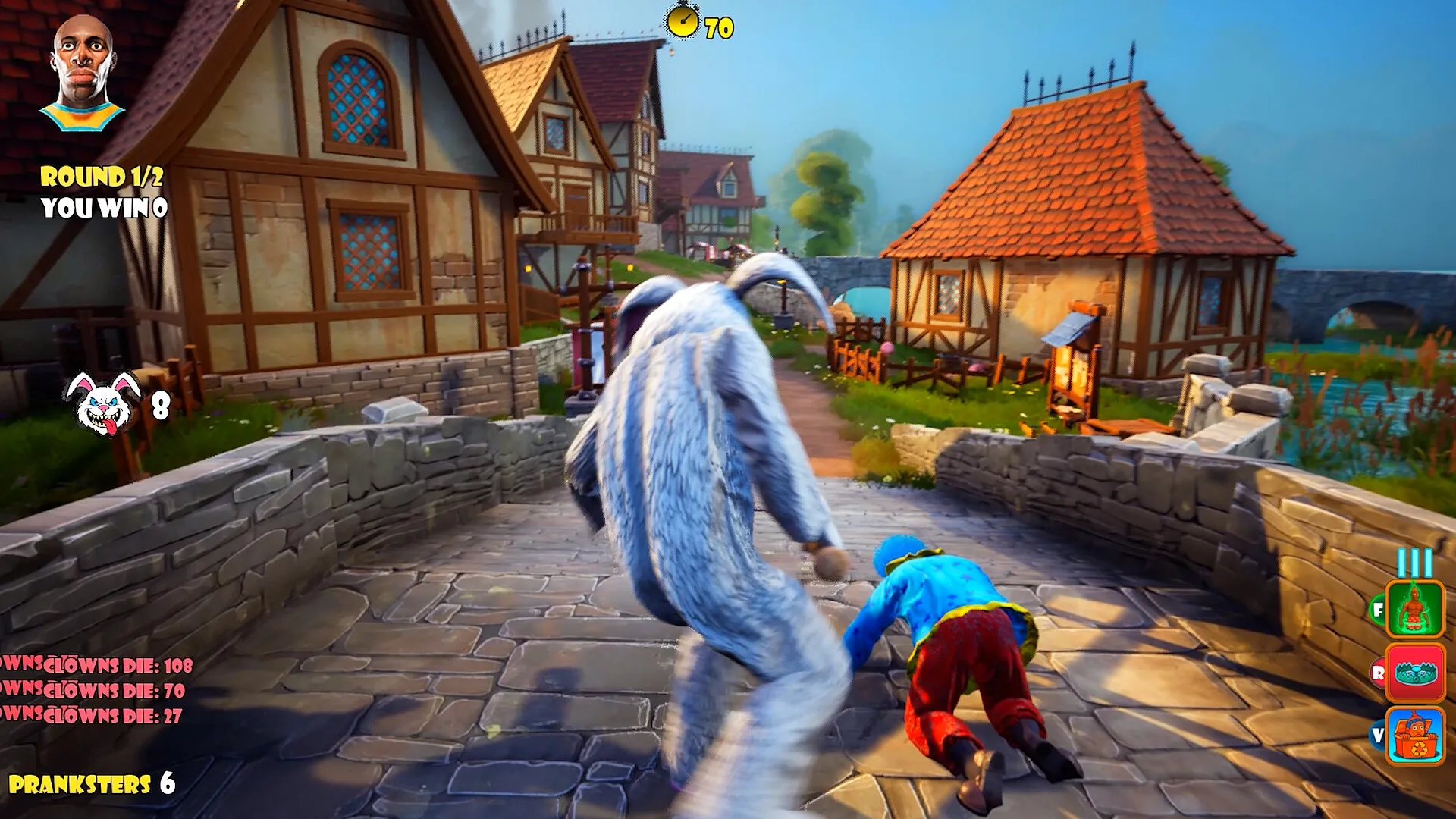 CLOWNOUT: Clown in blue crawling away from a goat costume character in a colorful medieval village setting.