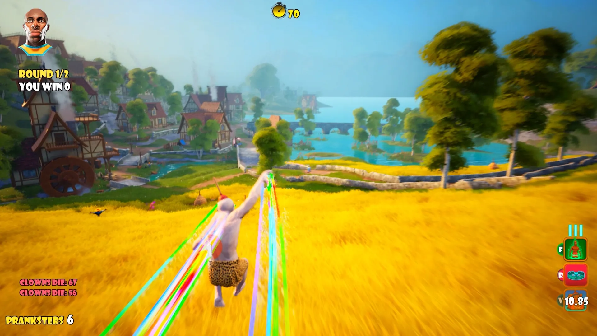 CLOWNOUT: Clown dashing through yellow field towards village, HUD shows round status and in-game items.