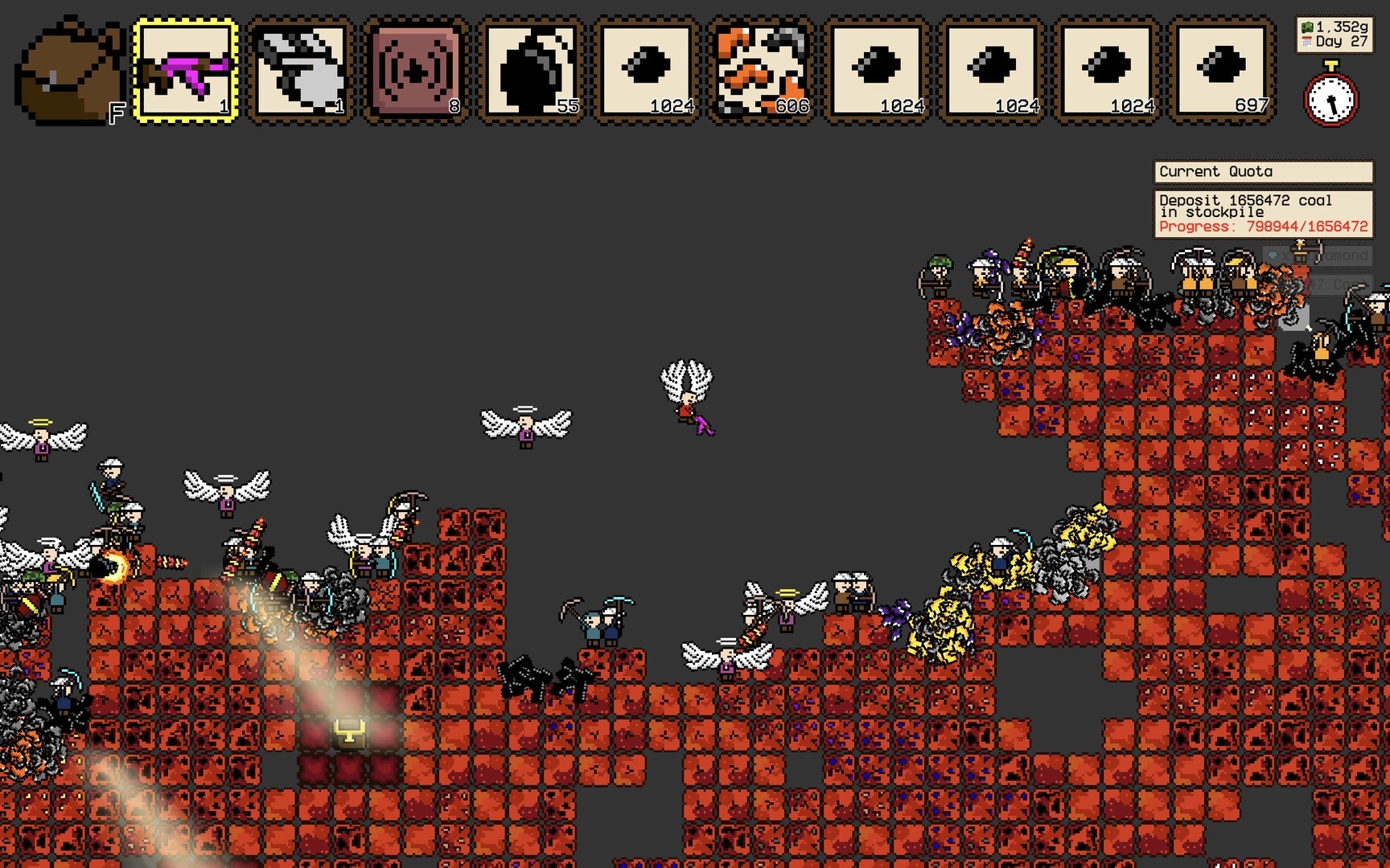 Coal LLC: Characters mining coal in red-tiled cavern with winged figures and resource icons above