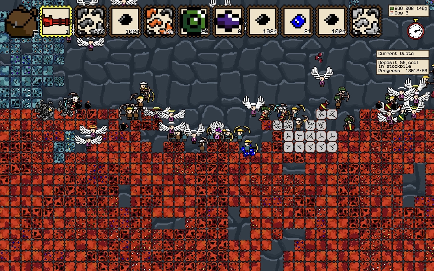 Coal LLC: Miners and winged creatures gather coal in a cave with resource icons and quota tracker.
