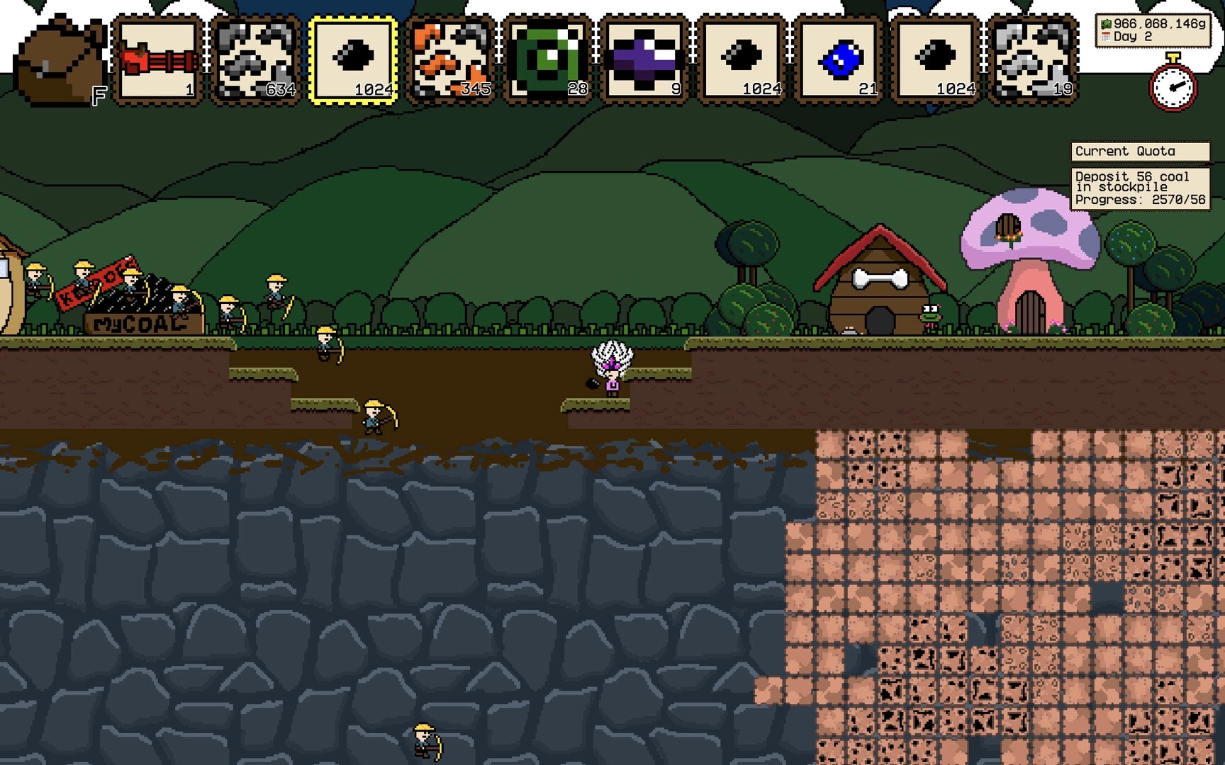 Coal LLC: Workers mine coal underground while managing resources and buildings above in a pixel world.