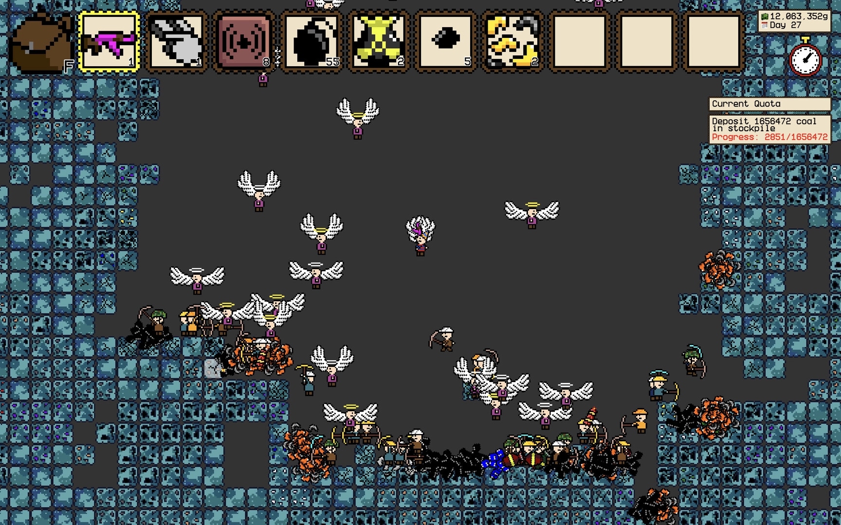 Coal LLC: Miners excavating coal while winged creatures hover in a pixelated underground cavern.