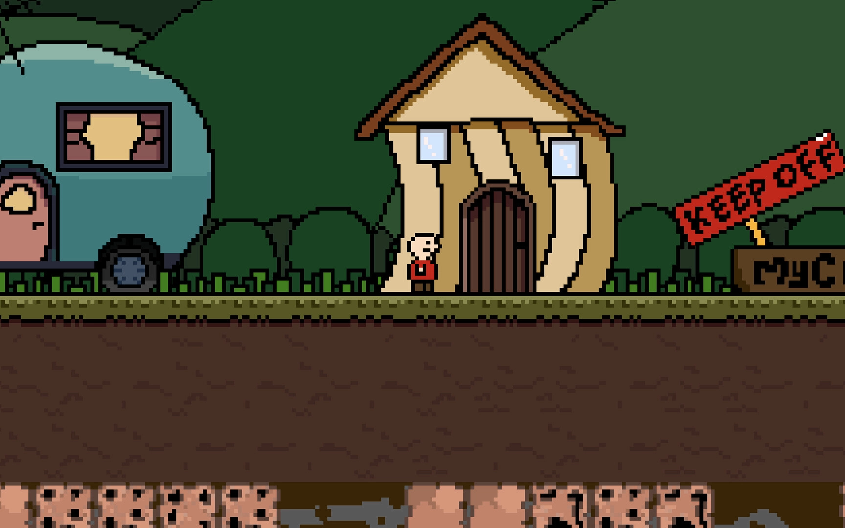 Coal LLC: Character stands by cottage and trailer with "KEEP OFF" sign in a forest environment