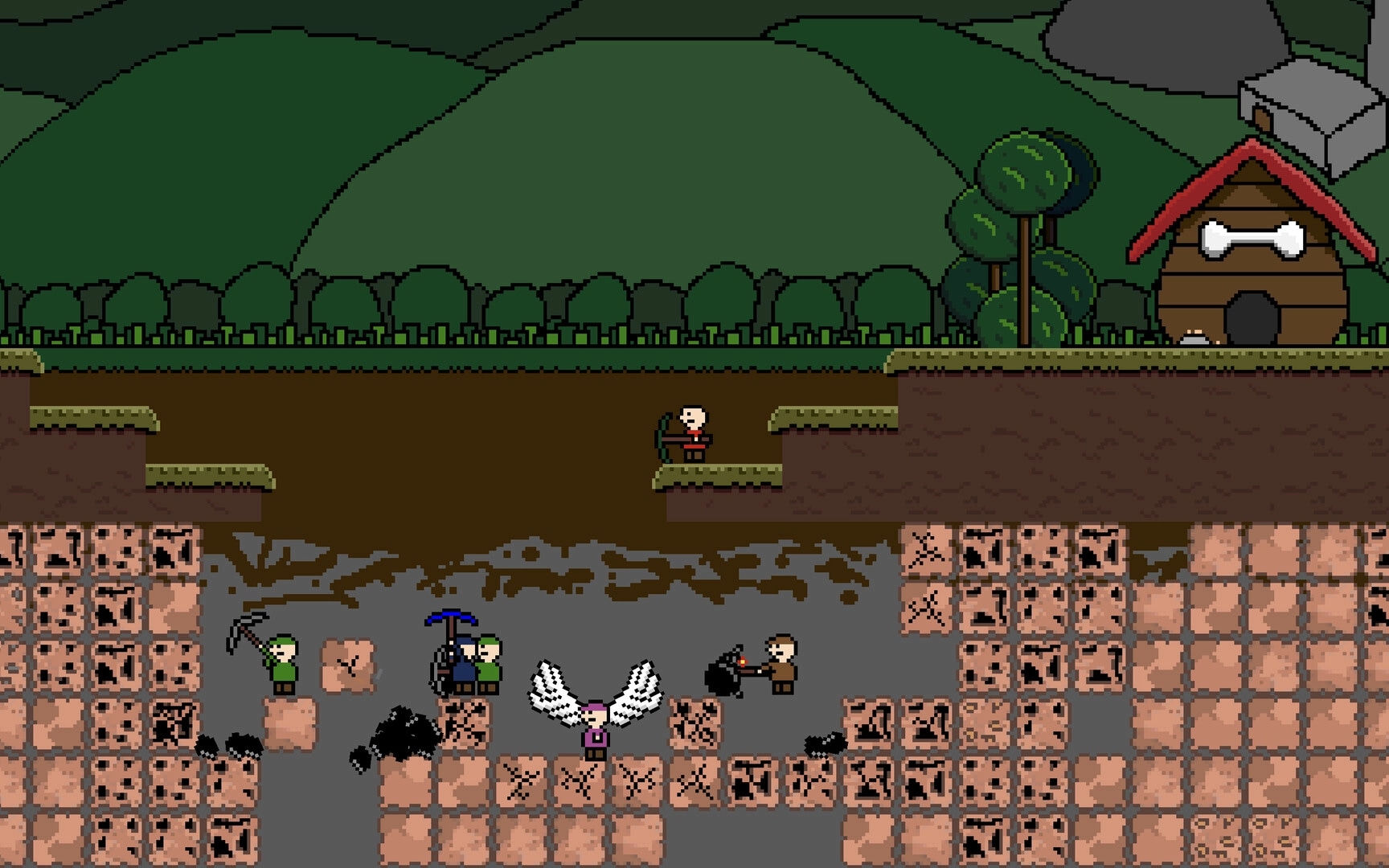 Coal LLC: Miners and creatures dig underground in a pixelated landscape with a small wooden hut nearby.