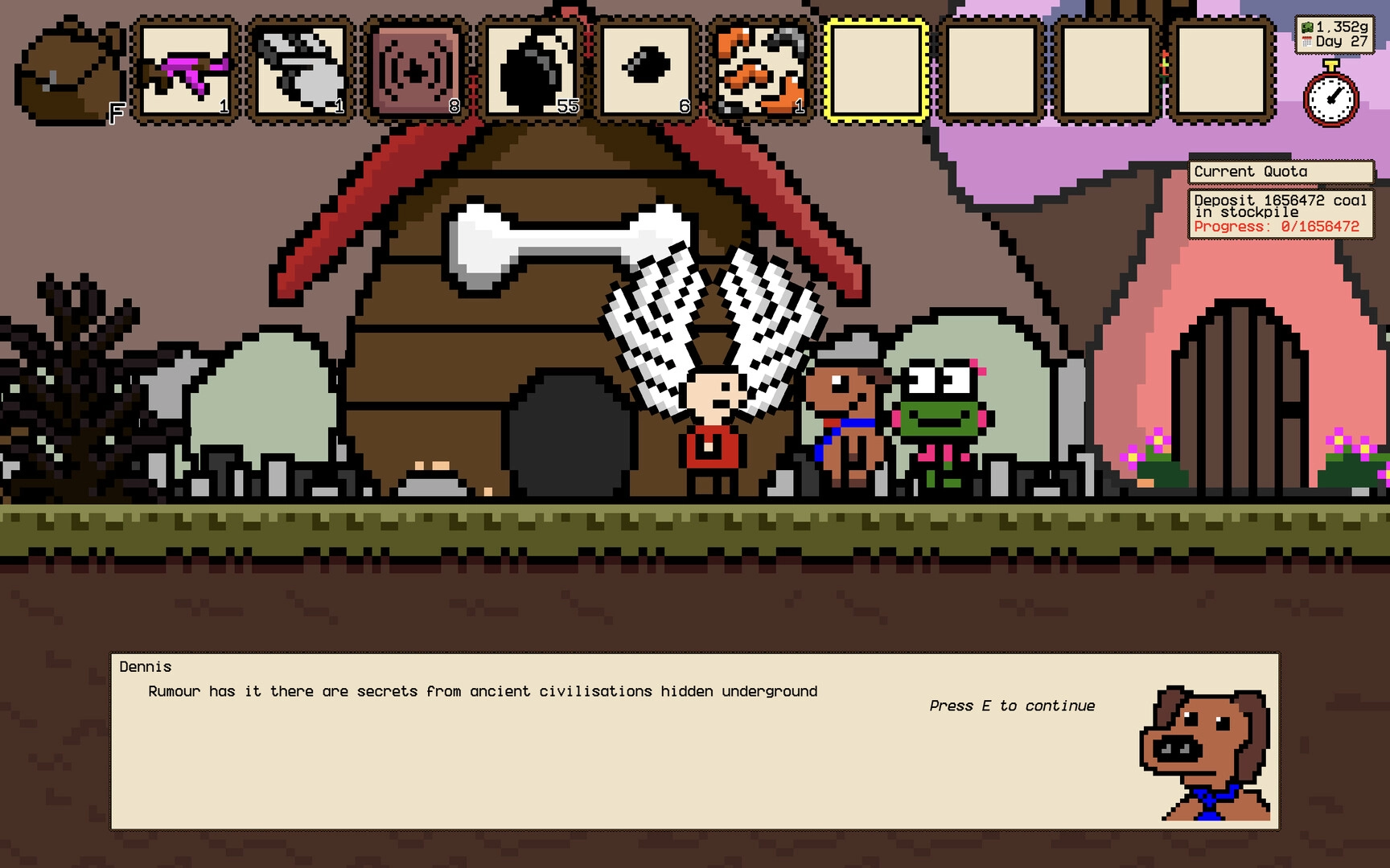 Coal LLC: Dennis talking to characters outside cave, current quota displayed on right UI panel.