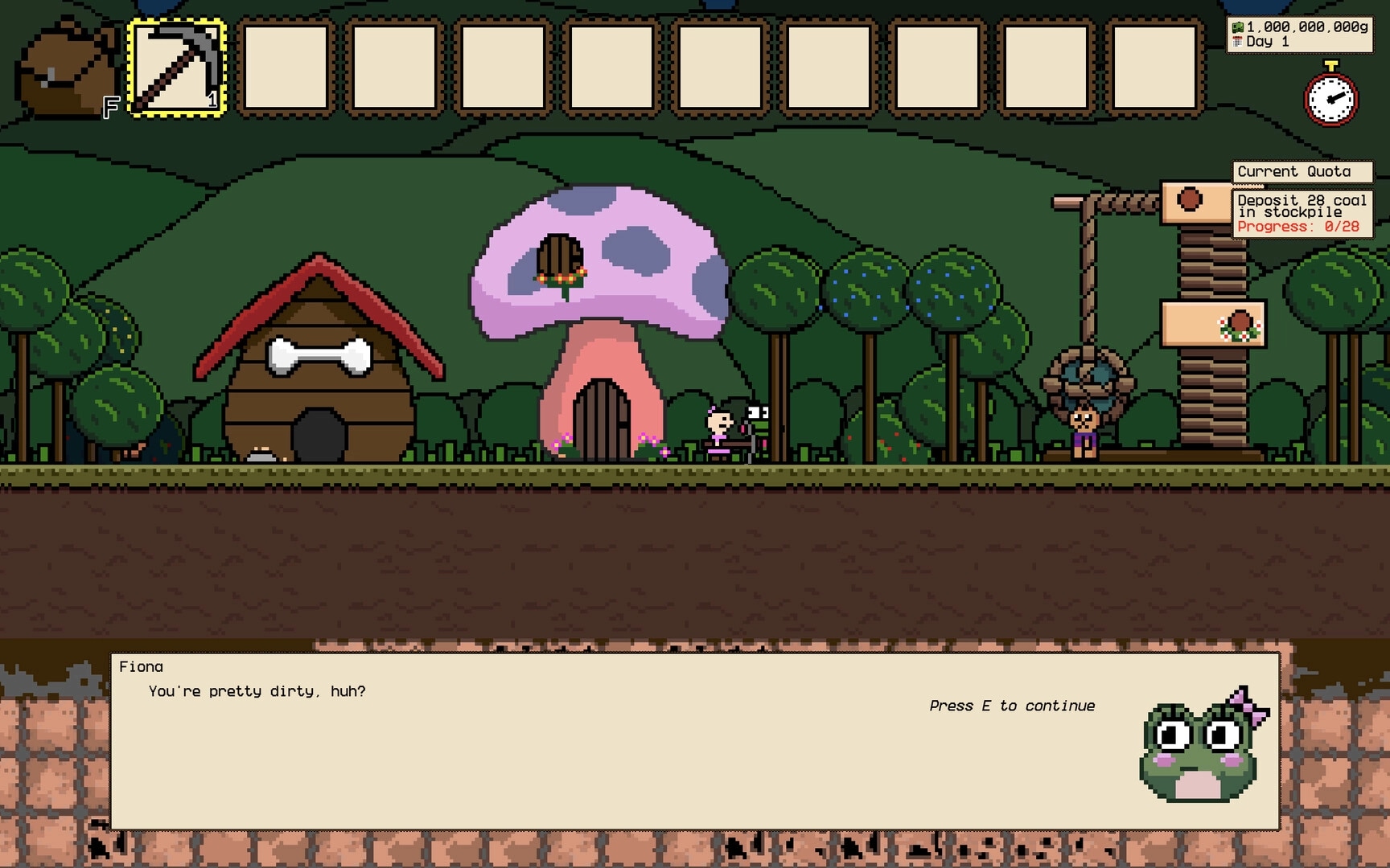 Coal LLC: Fiona talks to frog in forest village; inventory and quota UI displayed at top of screen.