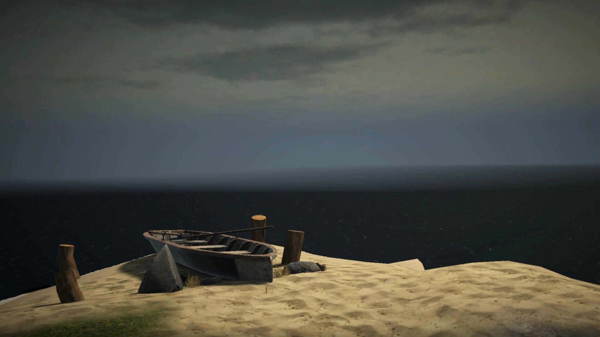 Cobble Climber: Empty rowboat by wooden posts on sandy shore beside dark ocean under cloudy sky.