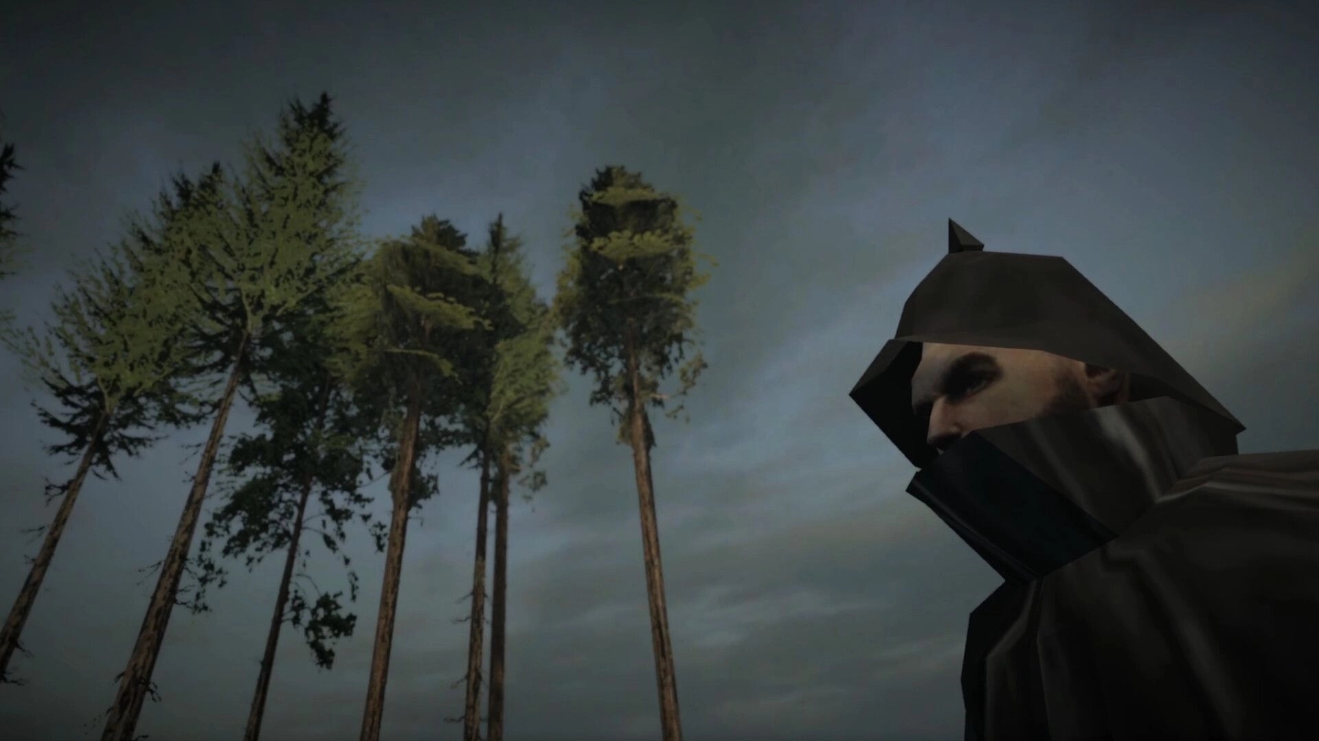 Cobble Climber: Hooded climber close-up in profile beneath tall pine trees and cloudy sky.