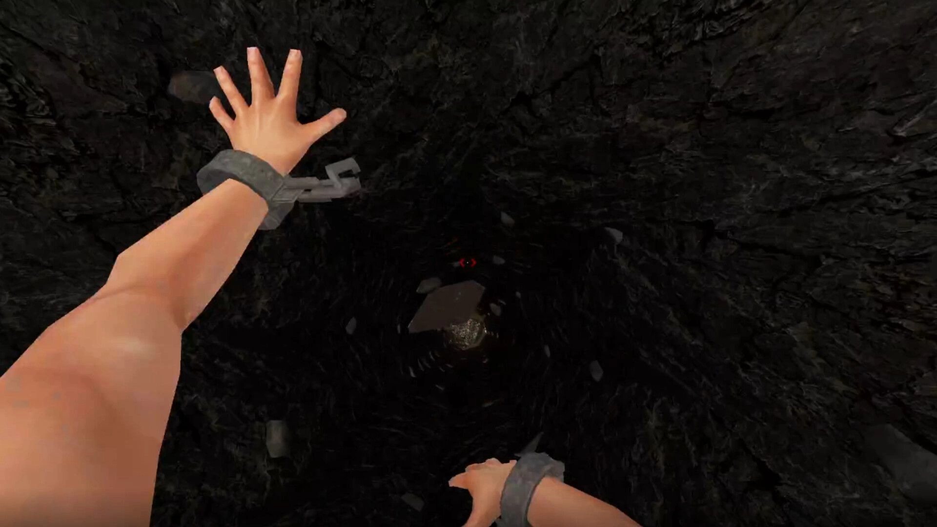 Cobble Climber: First-person hands cling to a dark rocky shaft, red crosshair aimed downward.