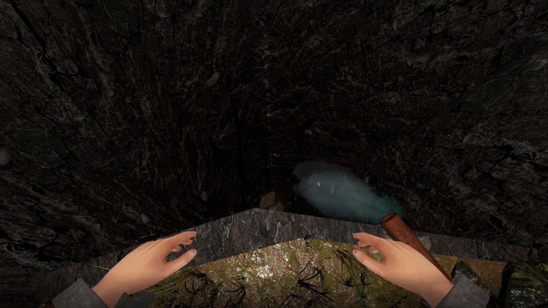 Cobble Climber: First-person hands on a ledge above a deep rocky shaft with water below.