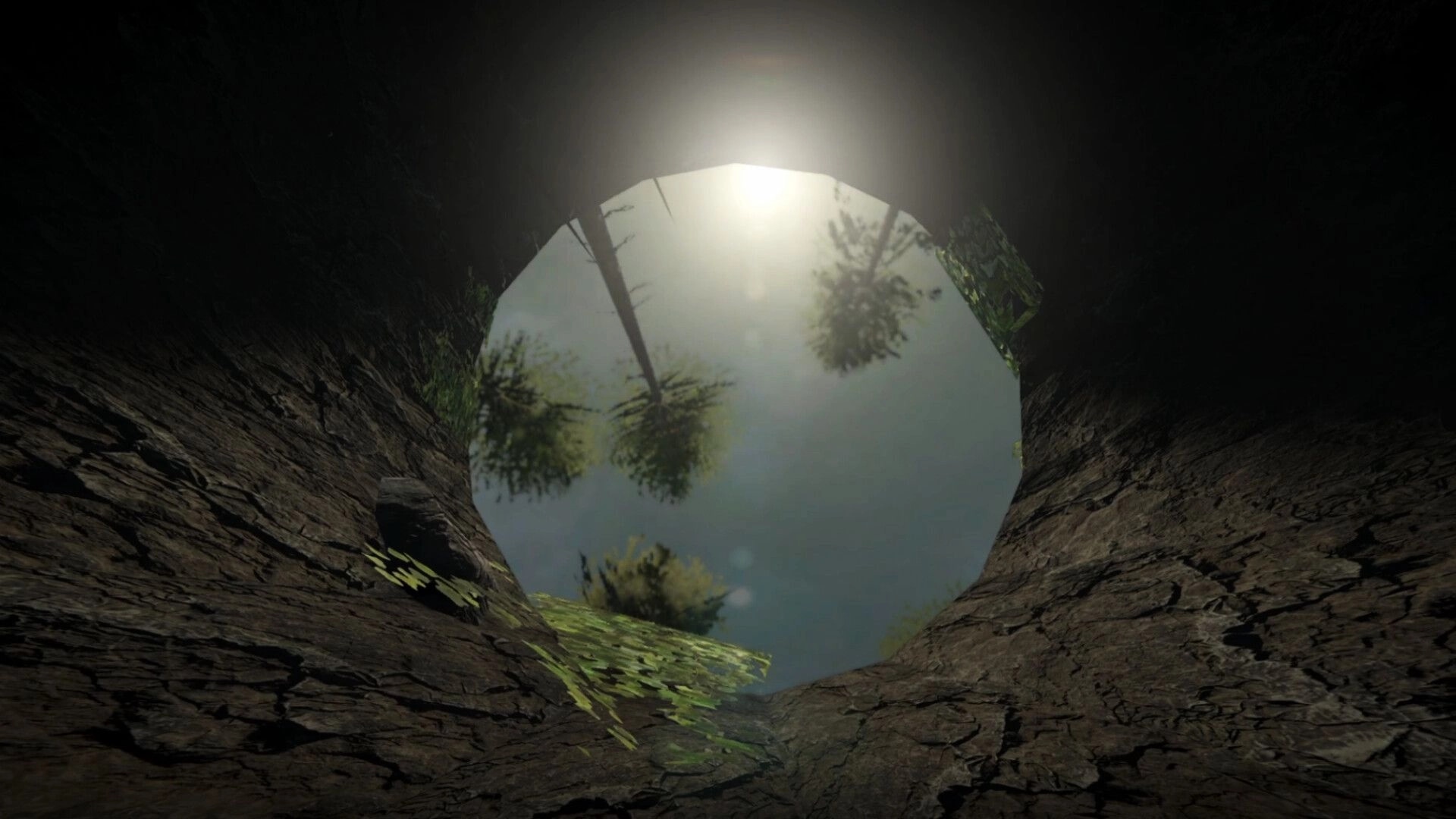 Cobble Climber: Looking up from a rocky shaft toward bright sunlight and trees at the rim above.
